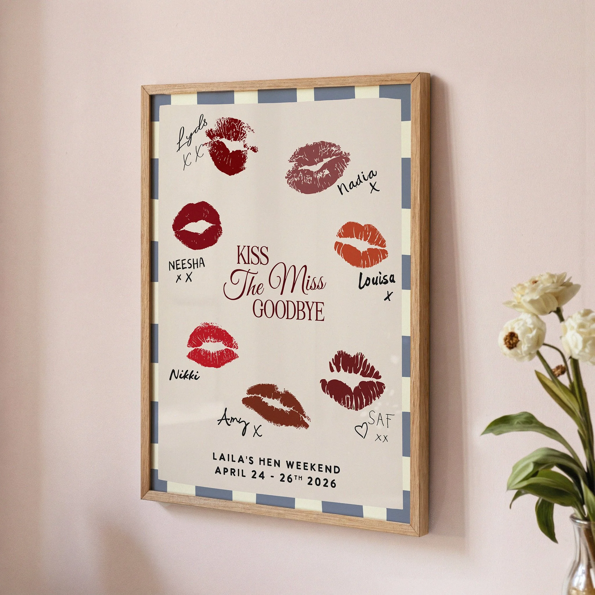 Personalised hen party guest book alternative print with lipstick kiss design, bride name and date, pink border bachelorette keepsake wall art with handwritten messages