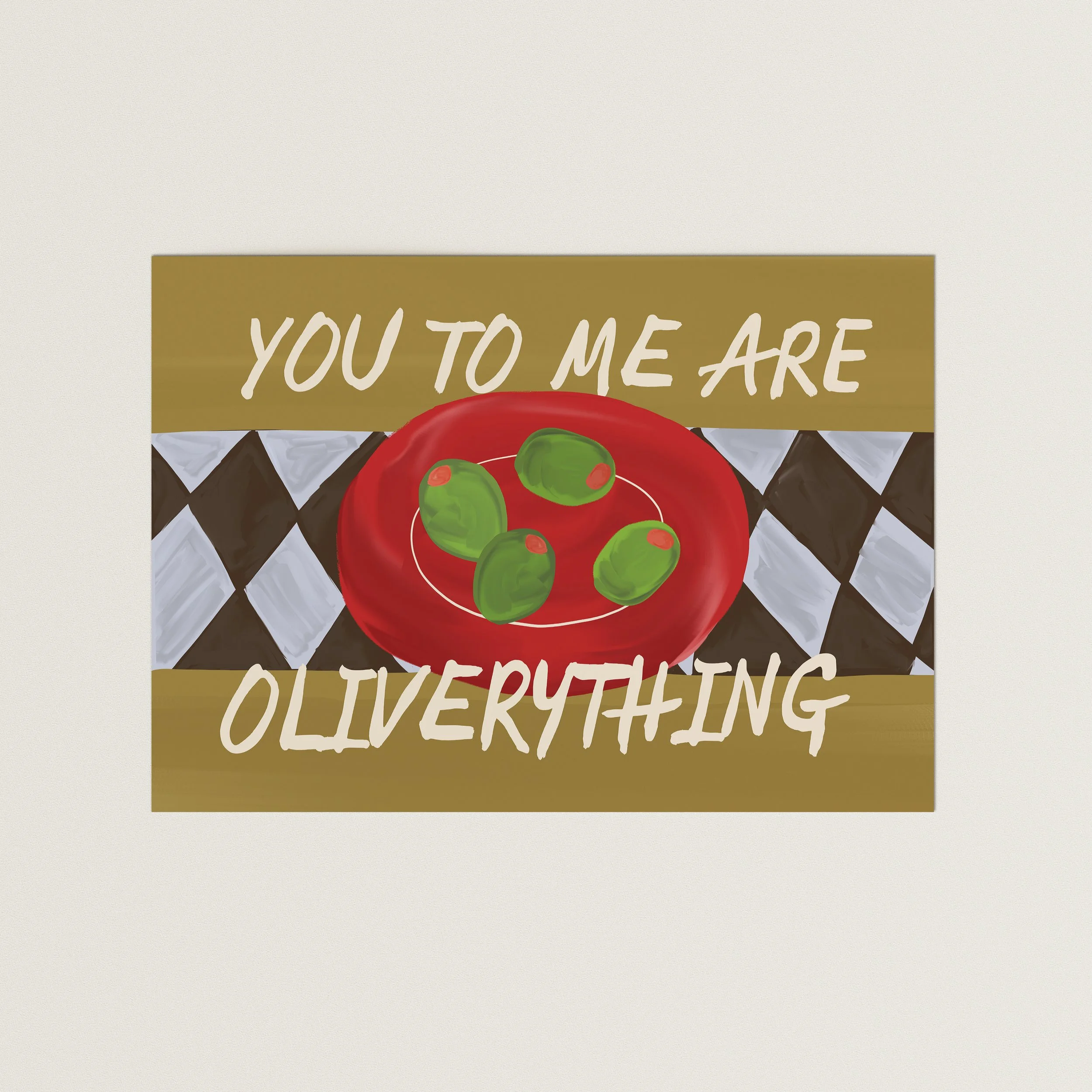 Olives on plate illustration with “you to me are oliverthing” text, playful kitchen and dining wall art print