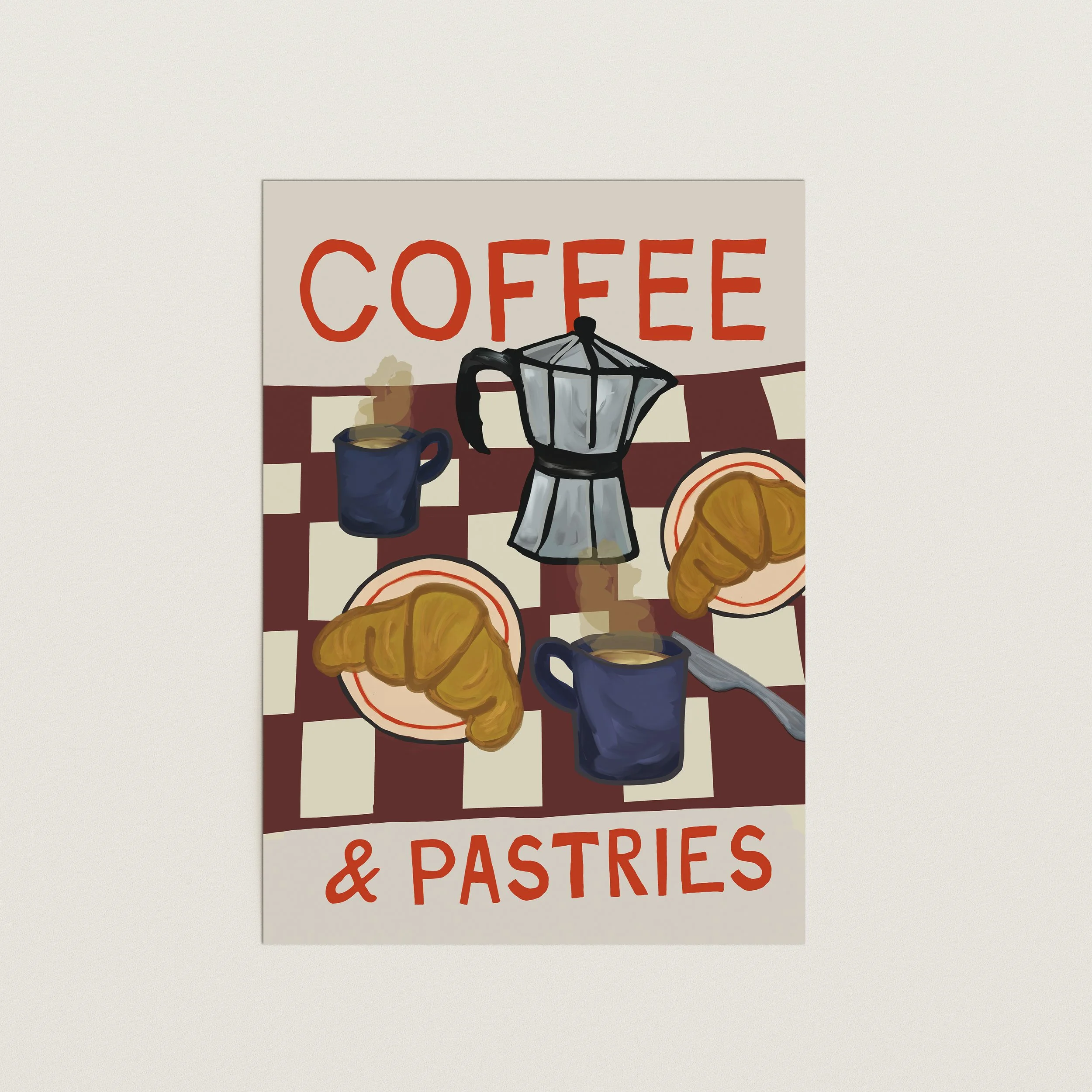 Coffee cups, moka pot and croissants on checkered tablecloth illustration, “coffee & pastries” kitchen wall art print