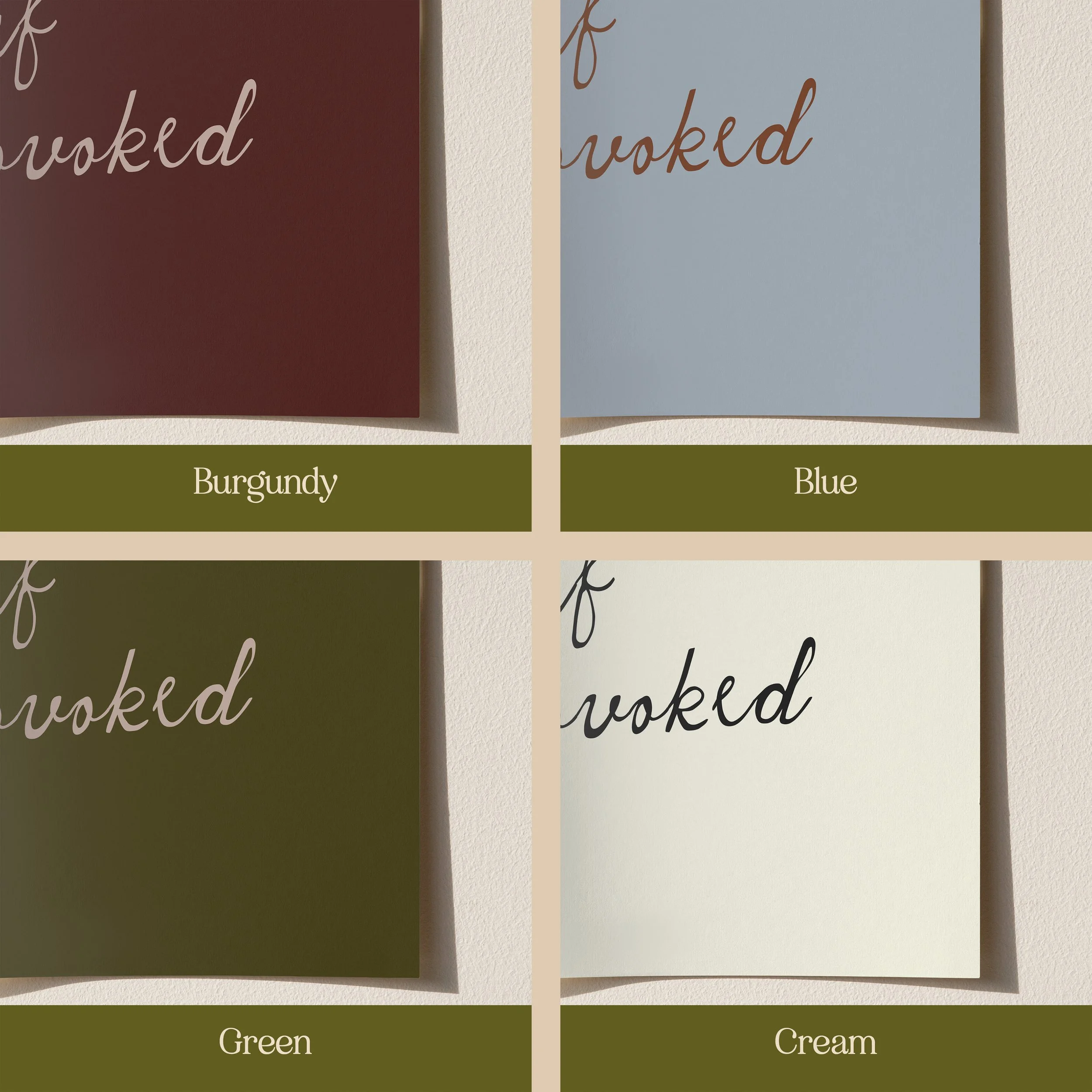 petty if provoked print available in burgundy blue green and cream colourways, close up of typography wall art options, modern minimal quote prints