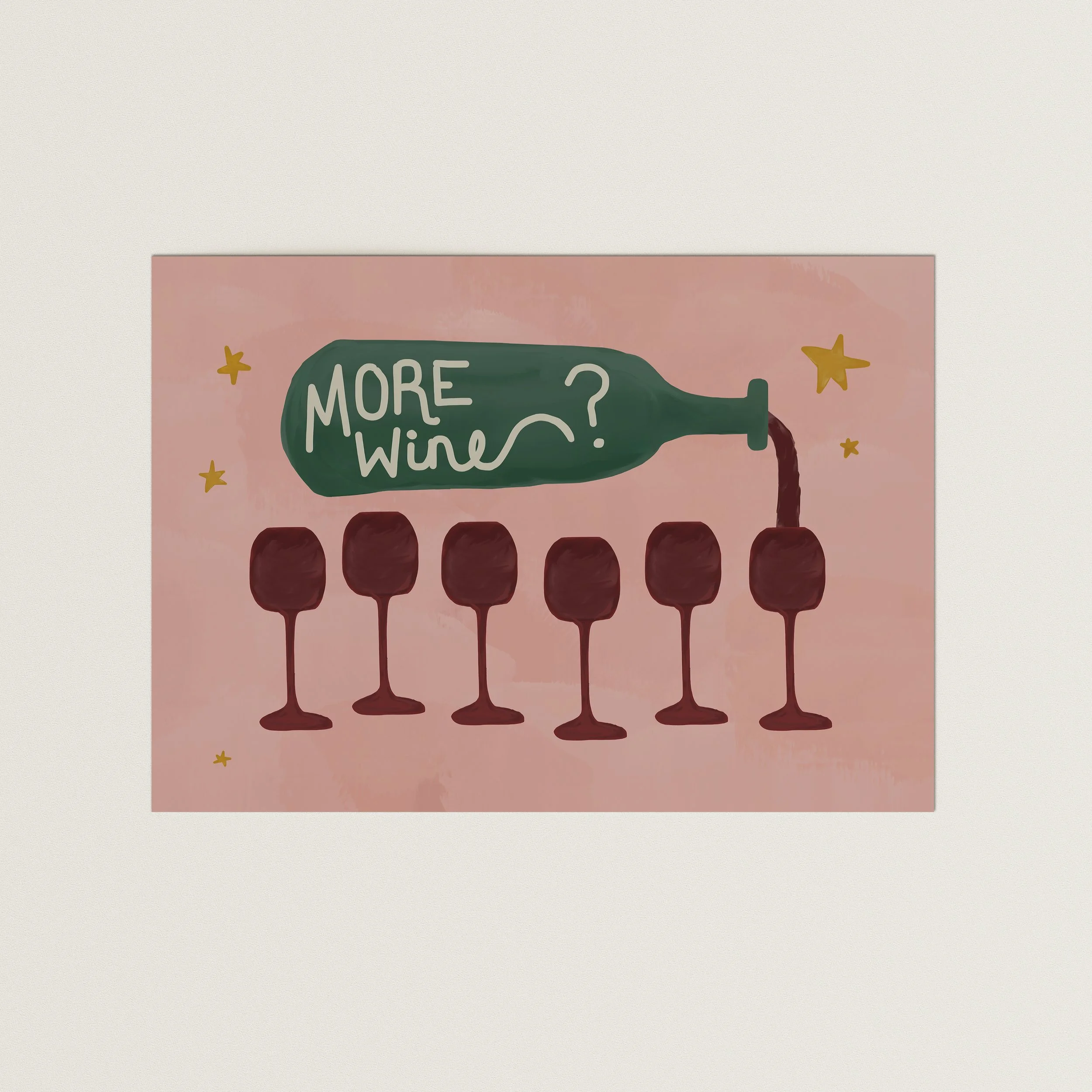 Wine bottle pouring into multiple glasses with “more wine?” text, warm toned kitchen wall art print
