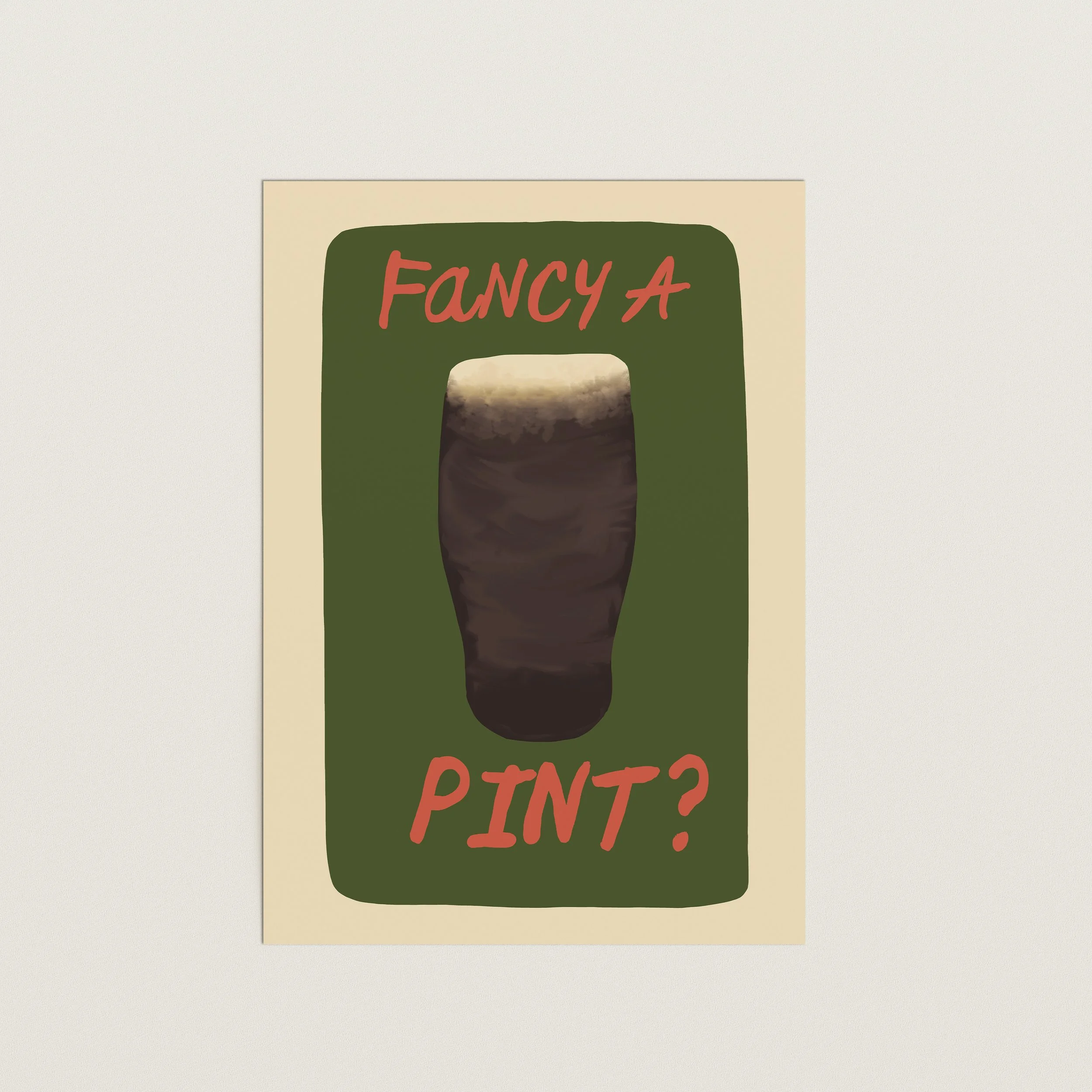 Pint of beer illustration with “fancy a pint?” text on green background, playful bar and kitchen wall art print