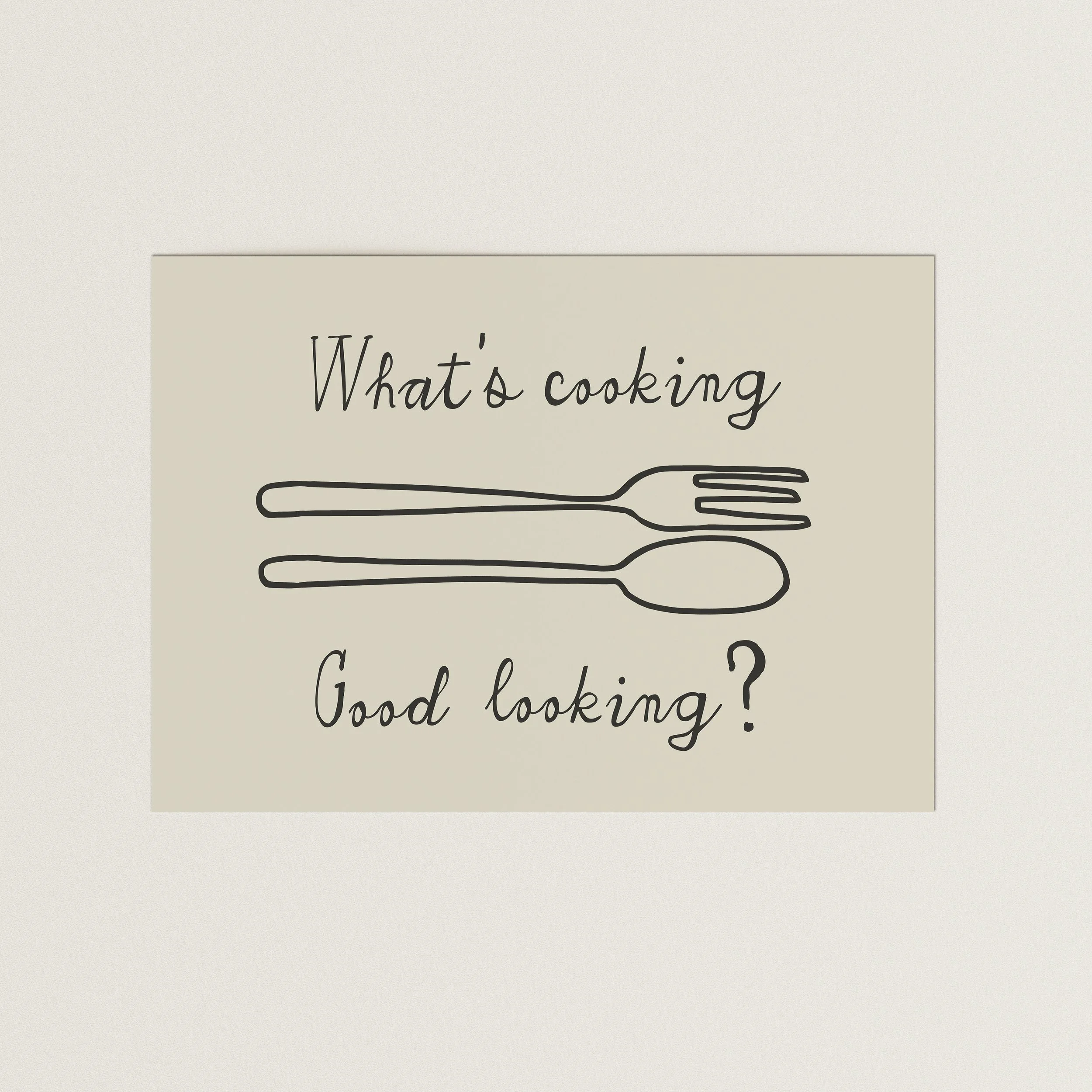 Minimal fork and spoon line drawing with “what’s cooking good looking” text, neutral kitchen wall art print