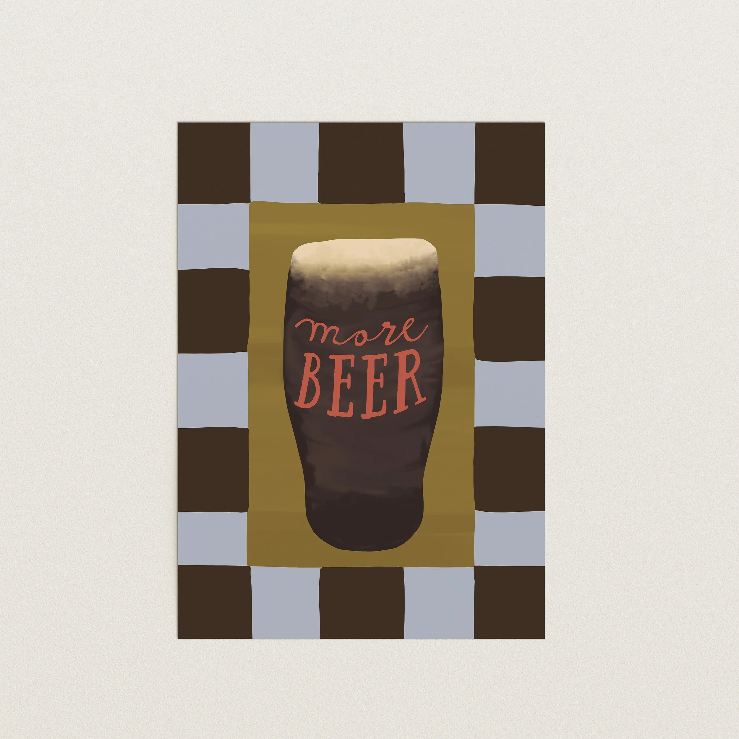 Pint of beer illustration with “more beer” text on checkered background, modern bar and kitchen wall art print