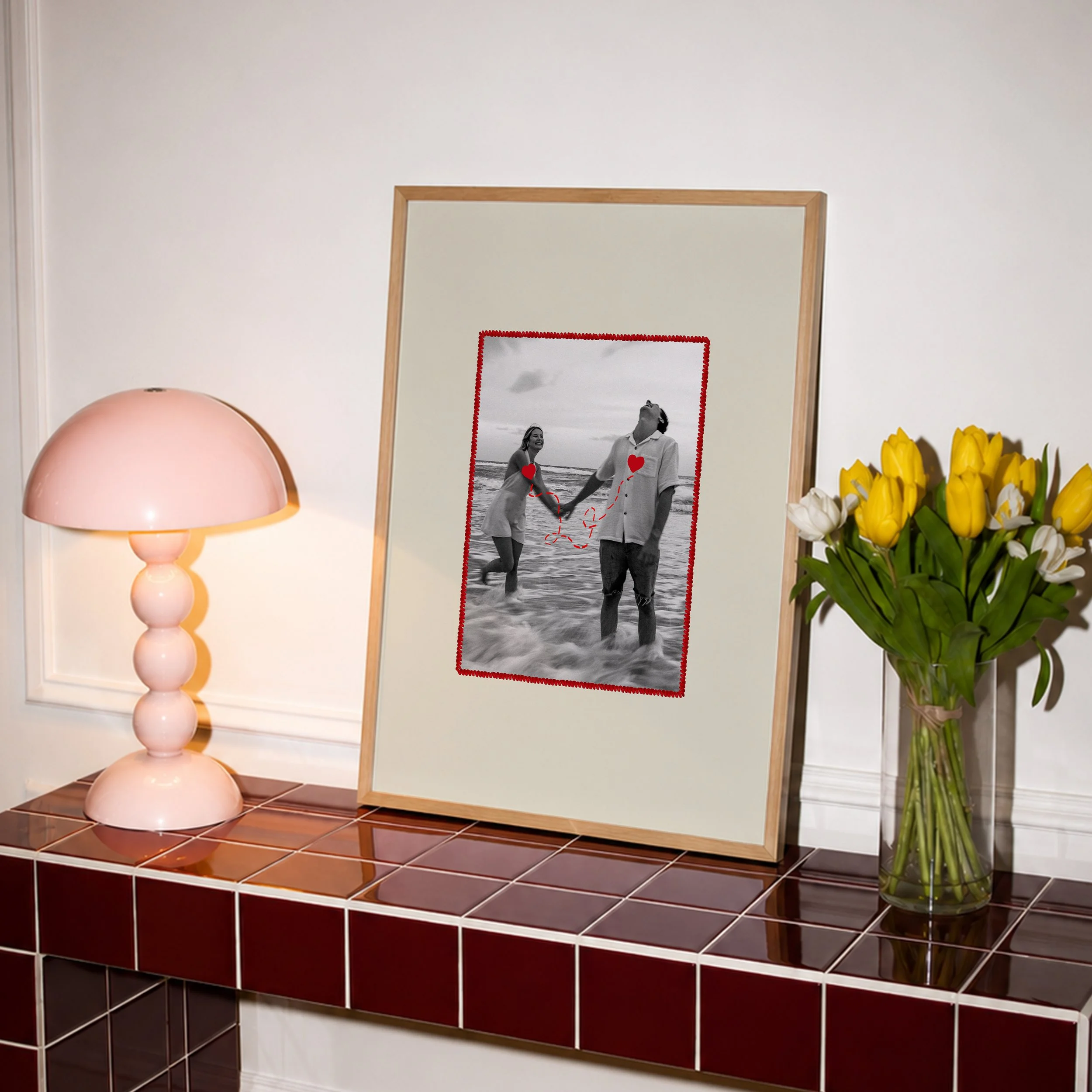 red thread embroidered heart print on tiled side table.jpg