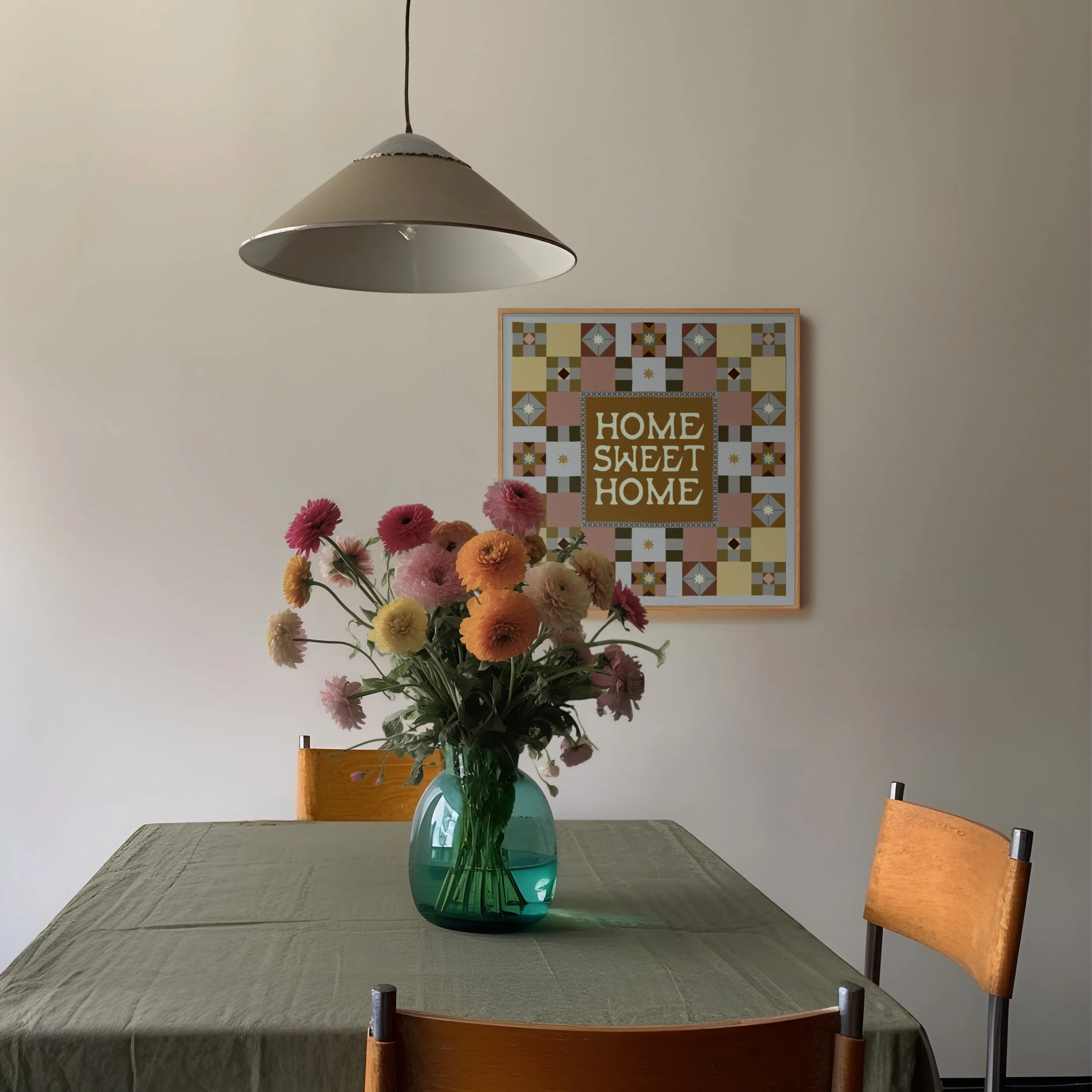home sweet home print in mid century modern dining room.jpg