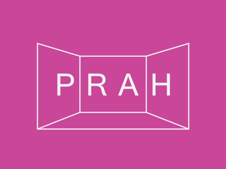 The word "PRAH" displayed in white letters inside a three-panel outline on a purple background.