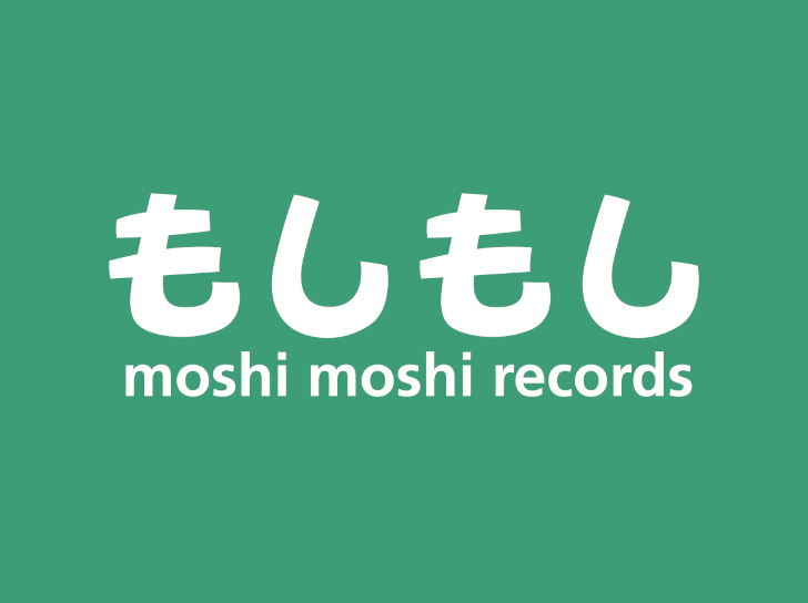 Green background with white Japanese characters and English text that reads 'moshi moshi records'.