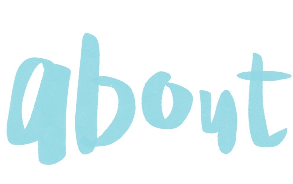 Light blue handwritten text spelling "about" on a white background.