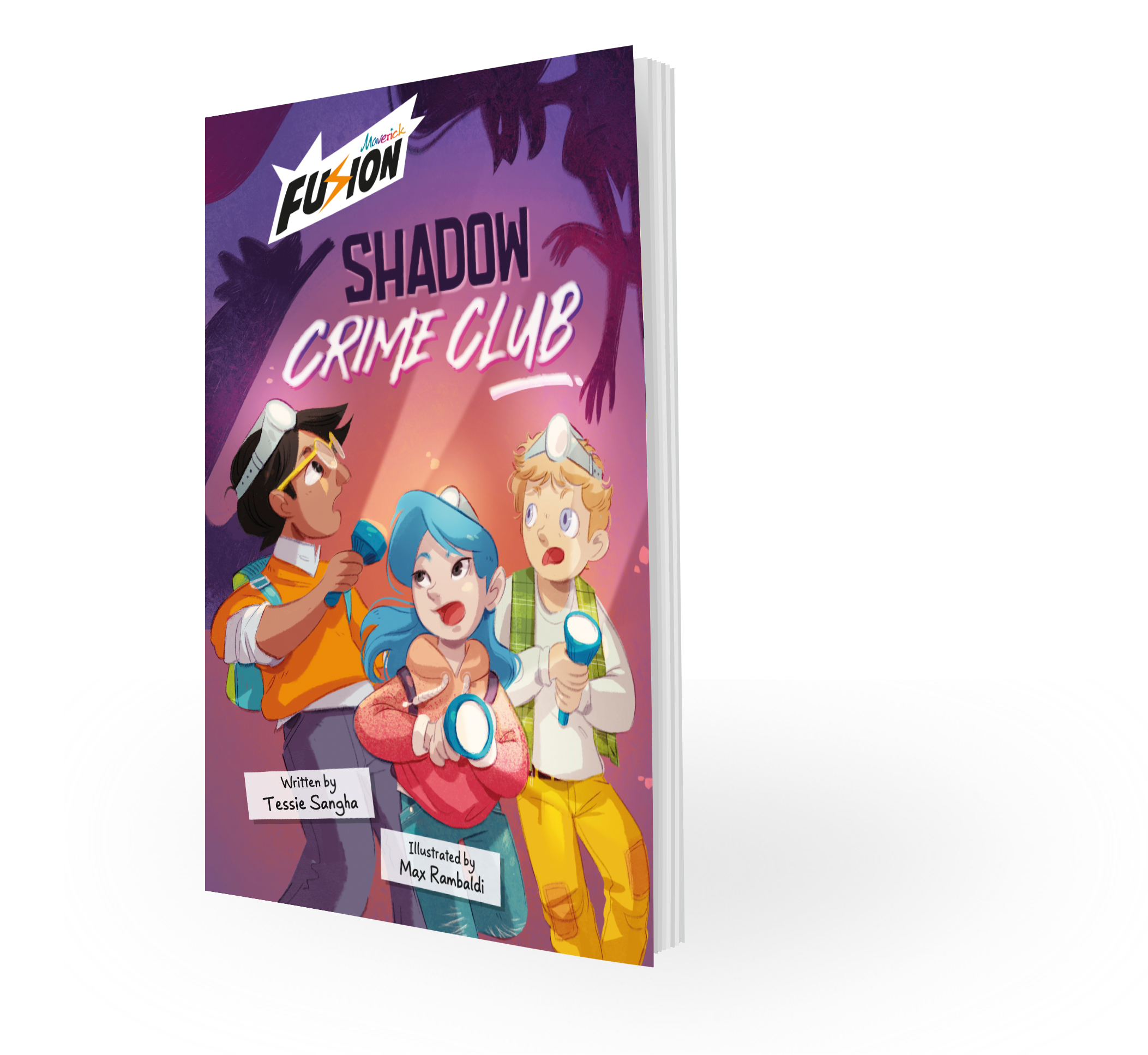 Book cover titled "Shadow Crime Club" by Tessie Sangha, illustrated by Max Rambaldi, featuring three children with flashlights in a dark, spooky forest with shadows and palm trees in the background.