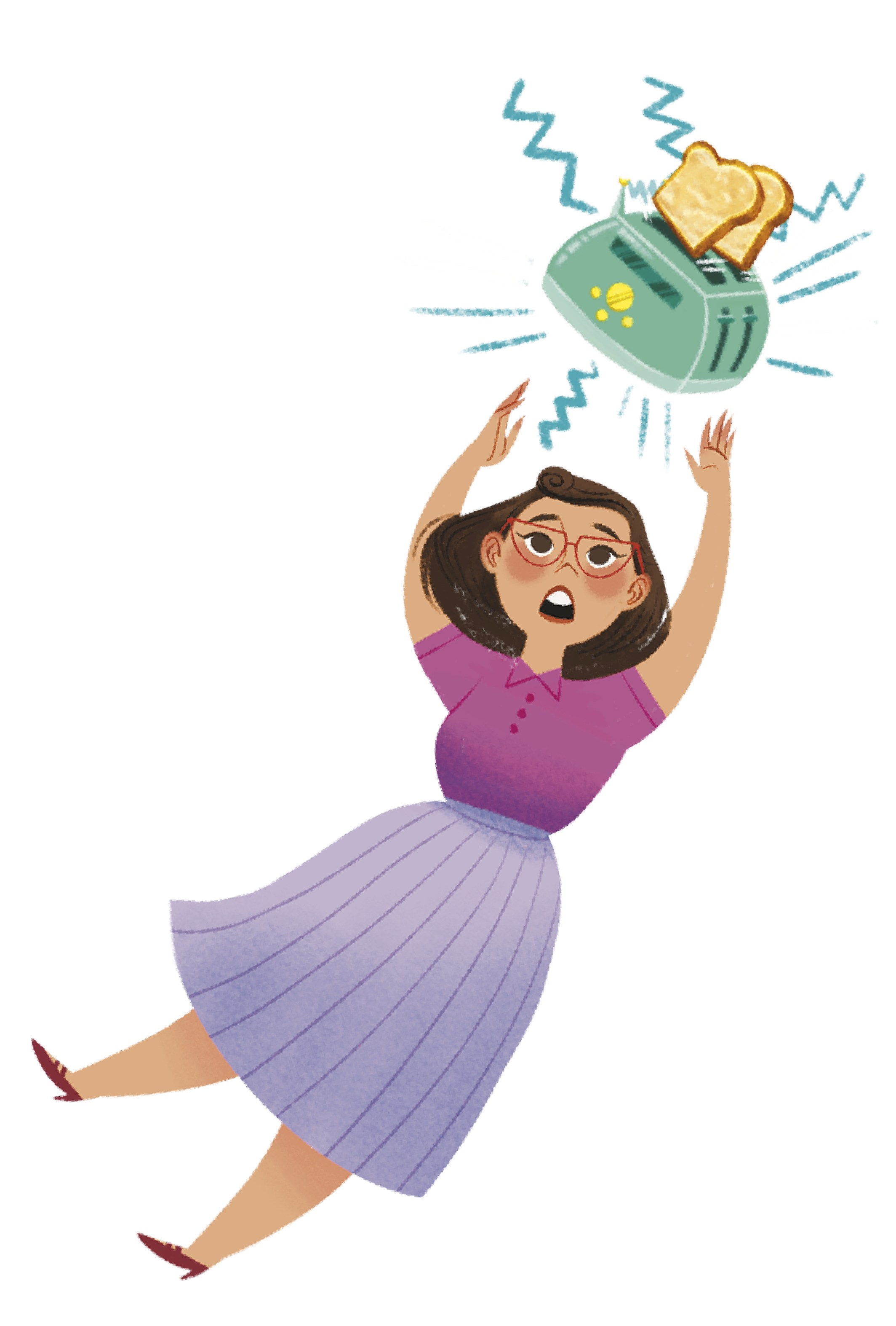 A cartoon woman with glasses, wearing a purple shirt and a striped skirt, reaching up to grab a toasted bread from a blue toaster, which is emitting steam.