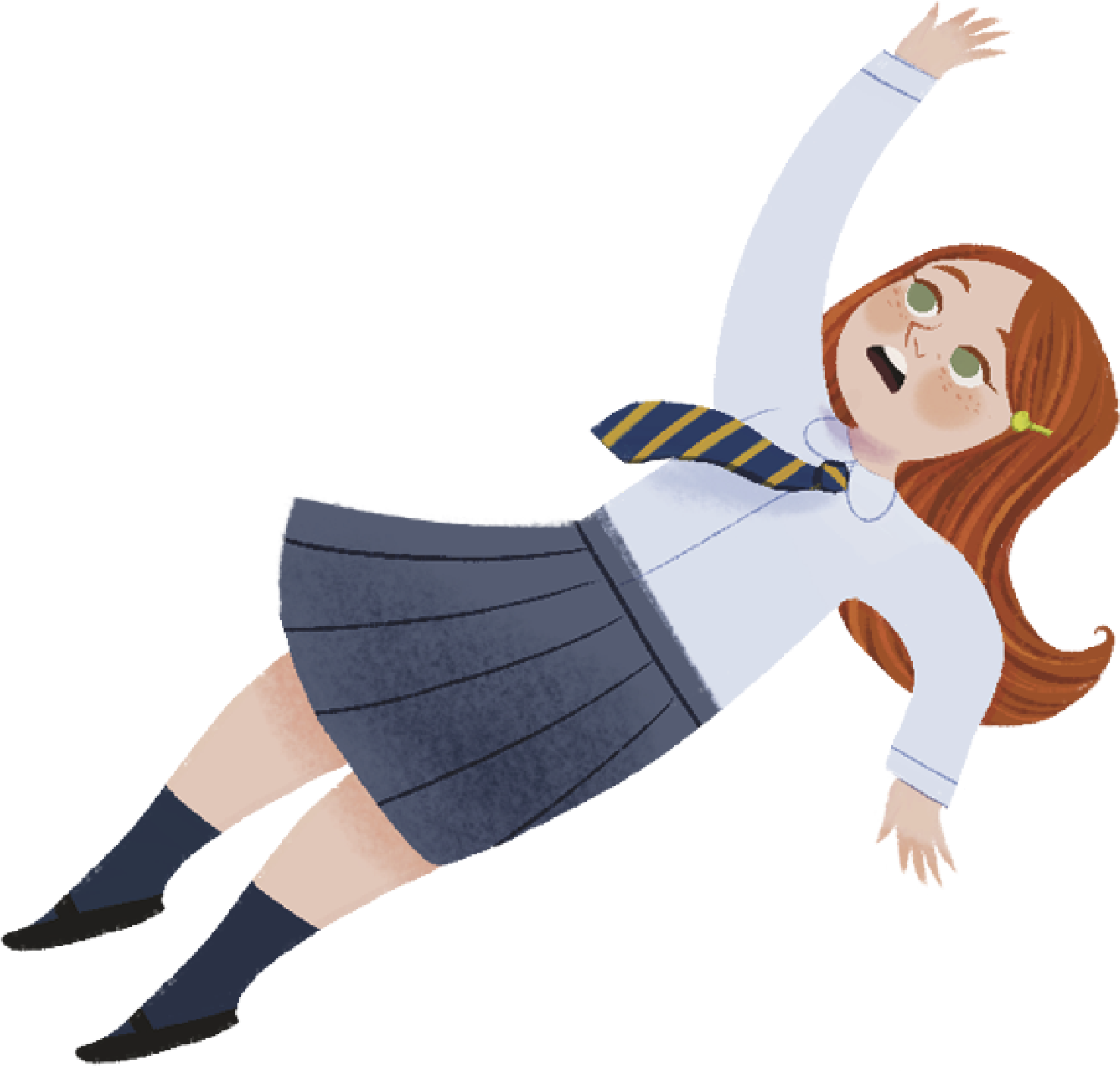 Young girl in a school uniform with a white shirt, tie, and gray pleated skirt, leaning over a desk with an expression of exhaustion or frustration.