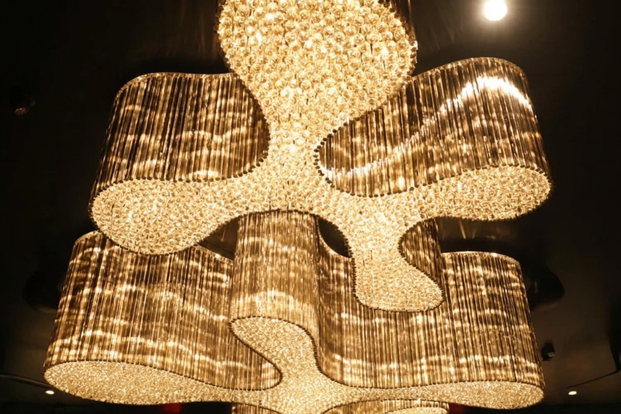 A large, modern chandelier with multiple connected loops and cylindrical sections, illuminated with warm white lights.