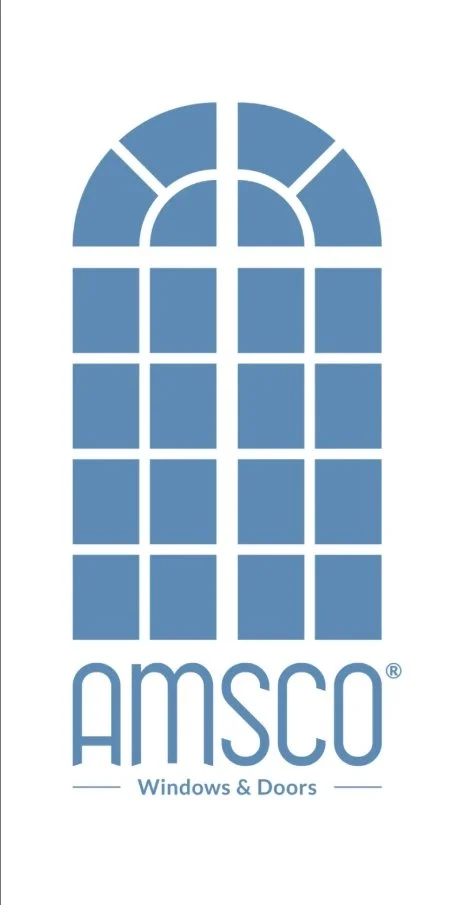 Logo of Amsco Windows & Doors featuring a stylized blue window with an arched top.