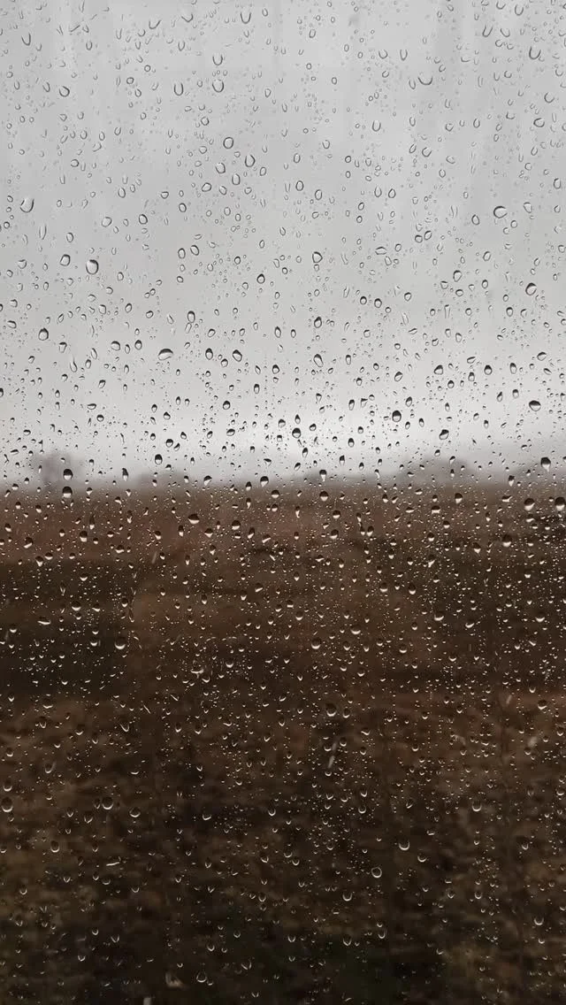Raindrops on a window with a blurry, rainy landscape in the background.