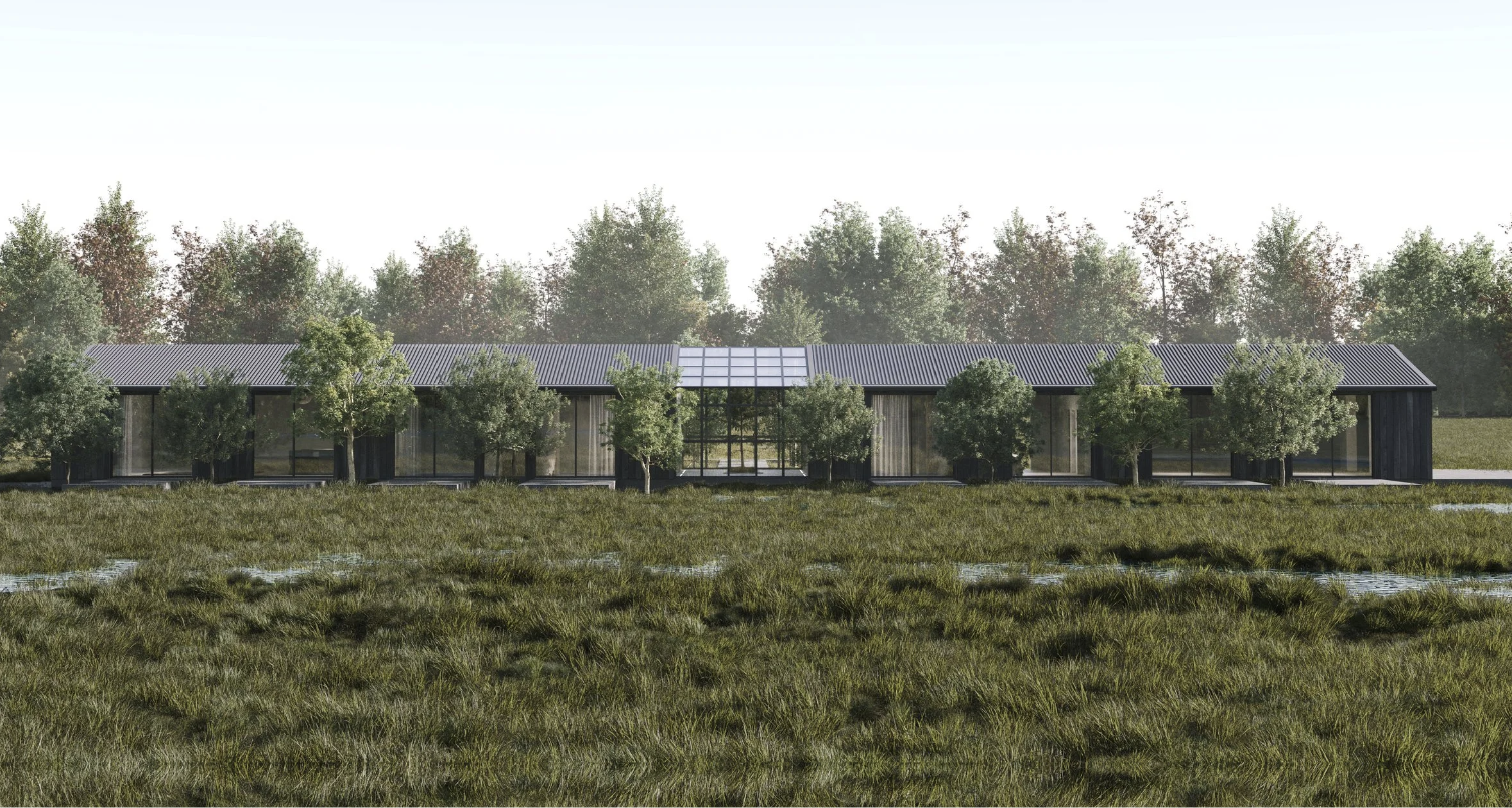 Modern black building with large glass windows and glass roof section, surrounded by small trees and grass, with a background of taller trees and a clear sky.