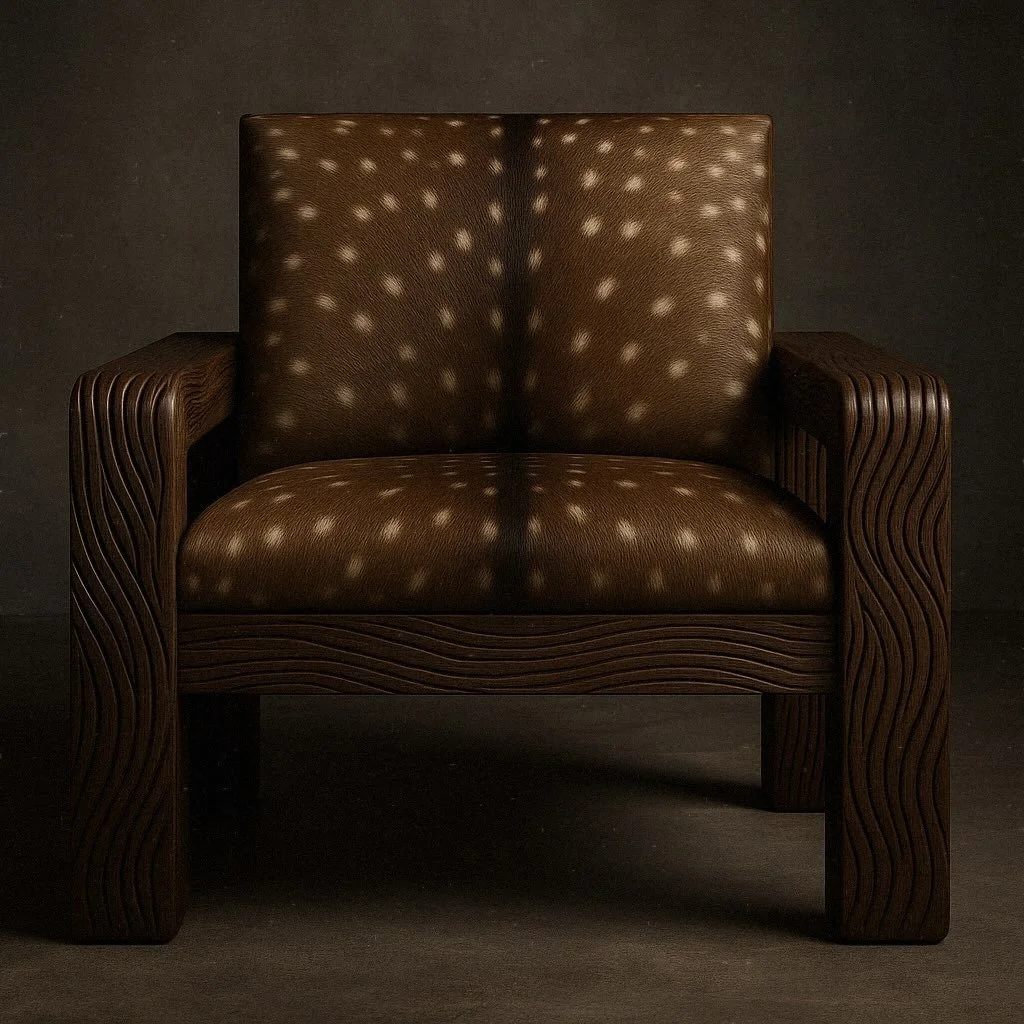 A brown leather armchair with a patterned backrest and seat, with a wooden frame that has wavy carved details, placed against a dark background.