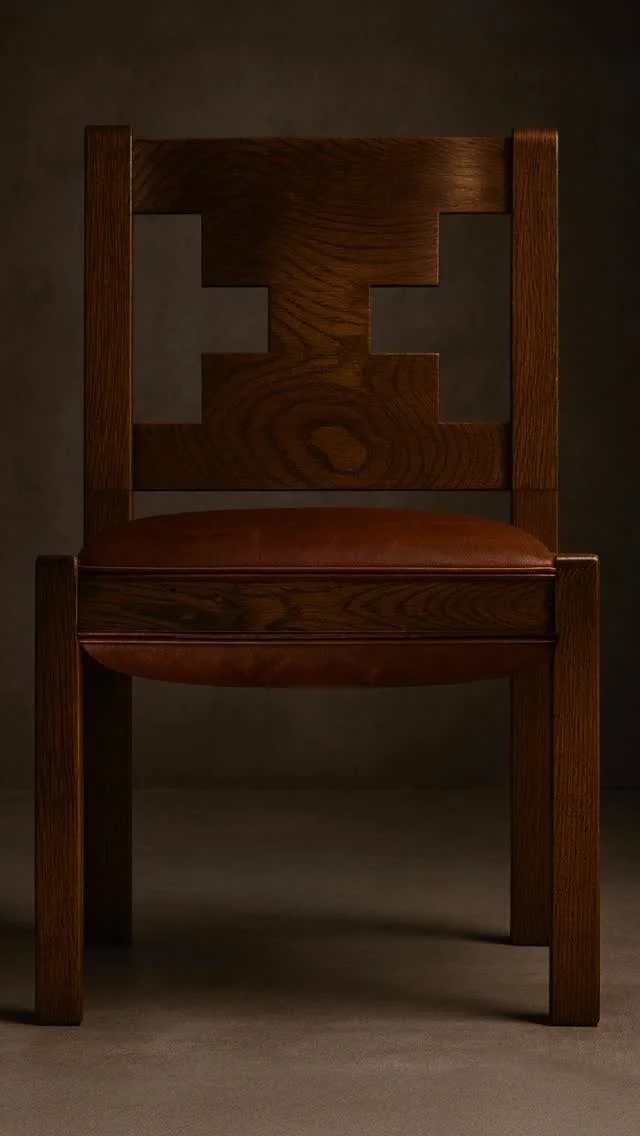 A wooden chair with a geometric cutout backrest and a cushioned seat against a dark background.