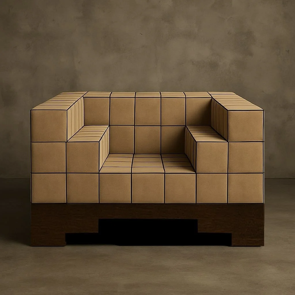 Modern sofa with geometric tiled pattern and a wooden base