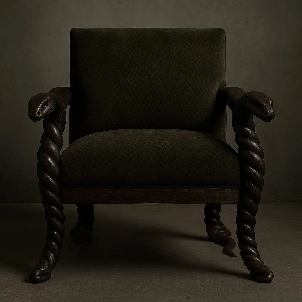 Dark green armchair with twisted, snake-like wooden arms ending in snake head designs, and matching twisted legs.