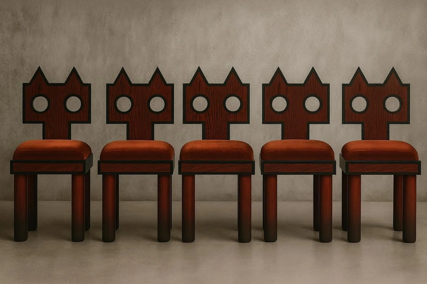 Five wooden chairs with high backrests and red cushions are lined up against a plain wall.