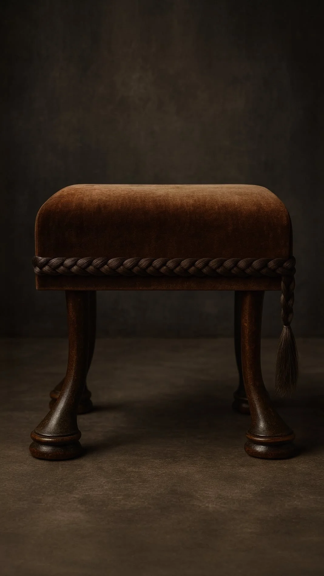A rustic wooden stool with a velvet upholstered seat and braided rope detail around the edge, set against a dark background.