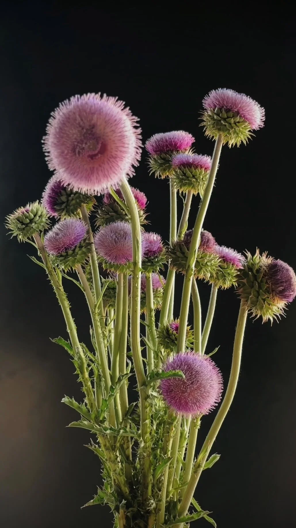 A bouquet of pink and purple thistle flowers with spiky round blooms and green stems against a dark background.