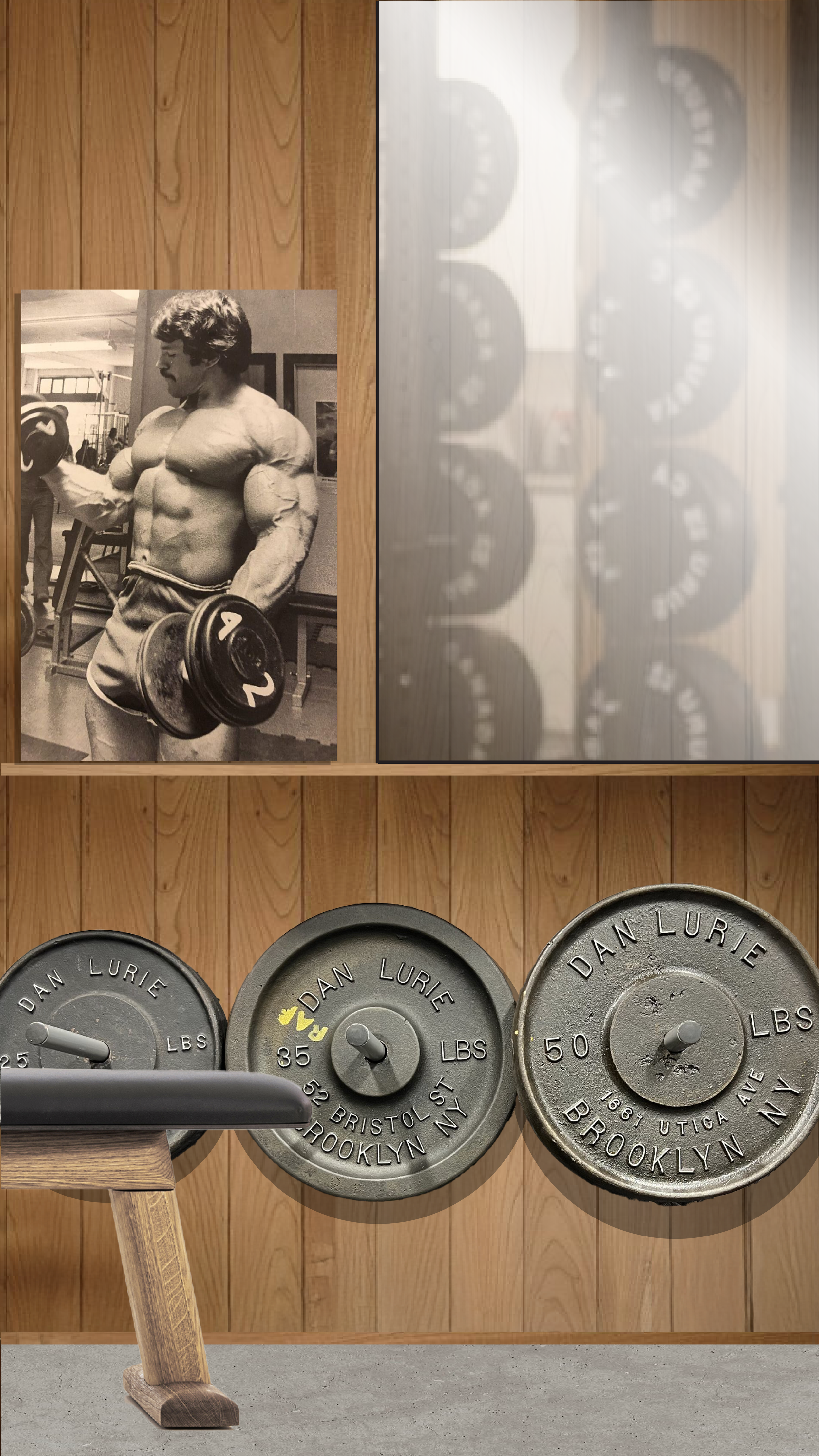 A black-and-white poster of a muscular young man lifting dumbbells in a gym, with a wooden wall and partially visible shelves or storage cabinets behind him.