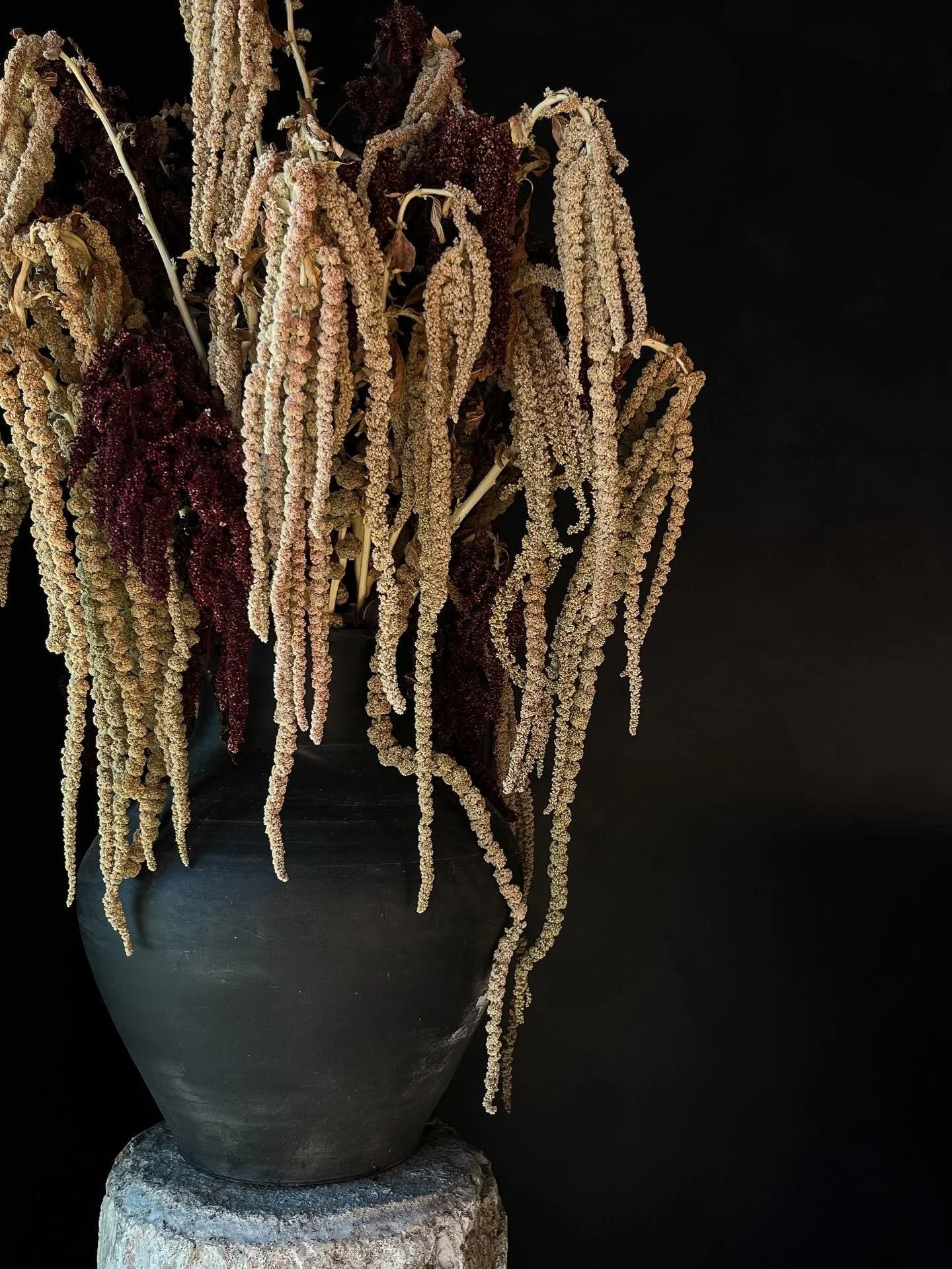 A black vase with dried, hanging stalks of millet or similar grain, placed on a round stone pedestal against a black background.