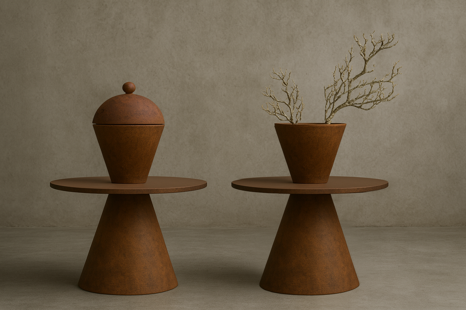 Two wooden side tables with round tops and conical bases, each holding a reddish-brown vase; the left vase is closed with a lid, and the right vase contains a dry, leafless branch.