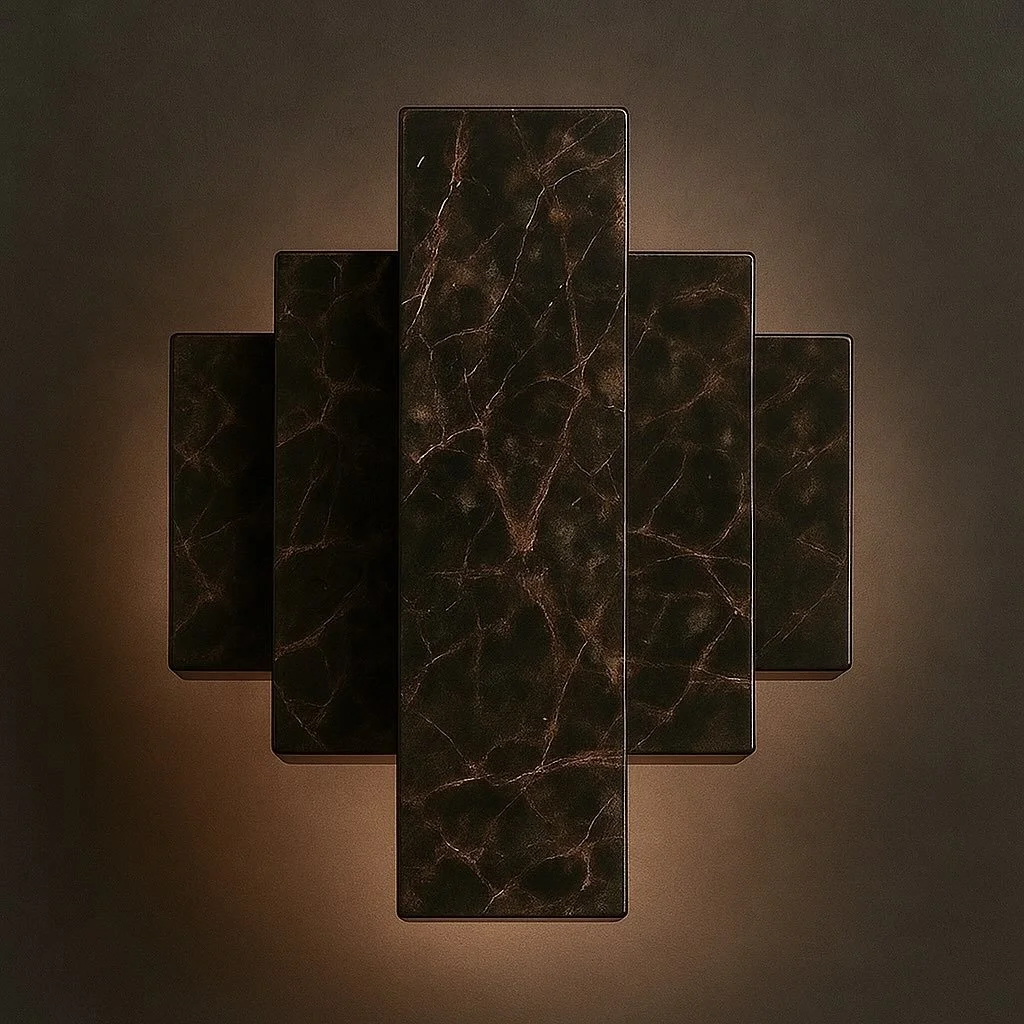 A digital art piece with five black rectangles with a marble texture, arranged in a diagonal pattern on a dark background.