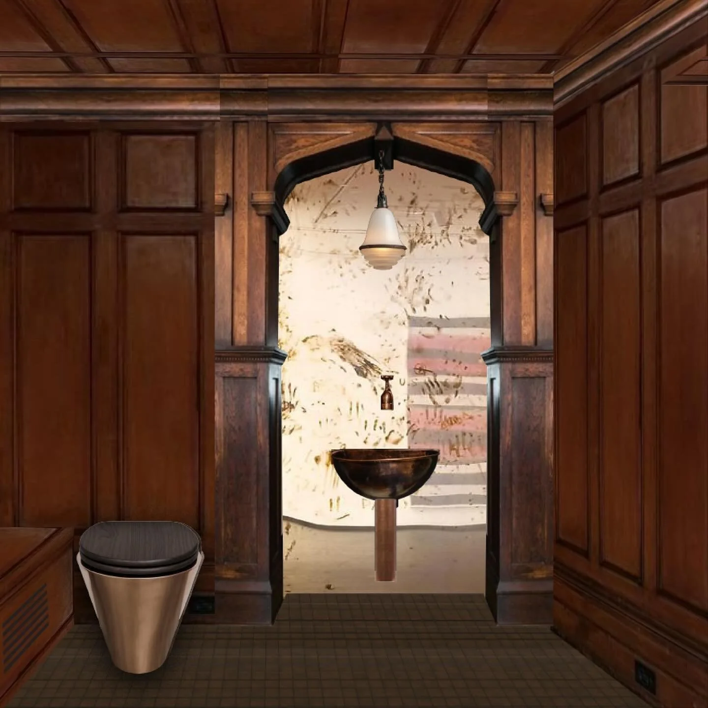 A wooden-paneled room with an archway leading to a space with a black sink on a wooden pedestal, a hanging light fixture, and an abstract painting with an American flag motif in the background.