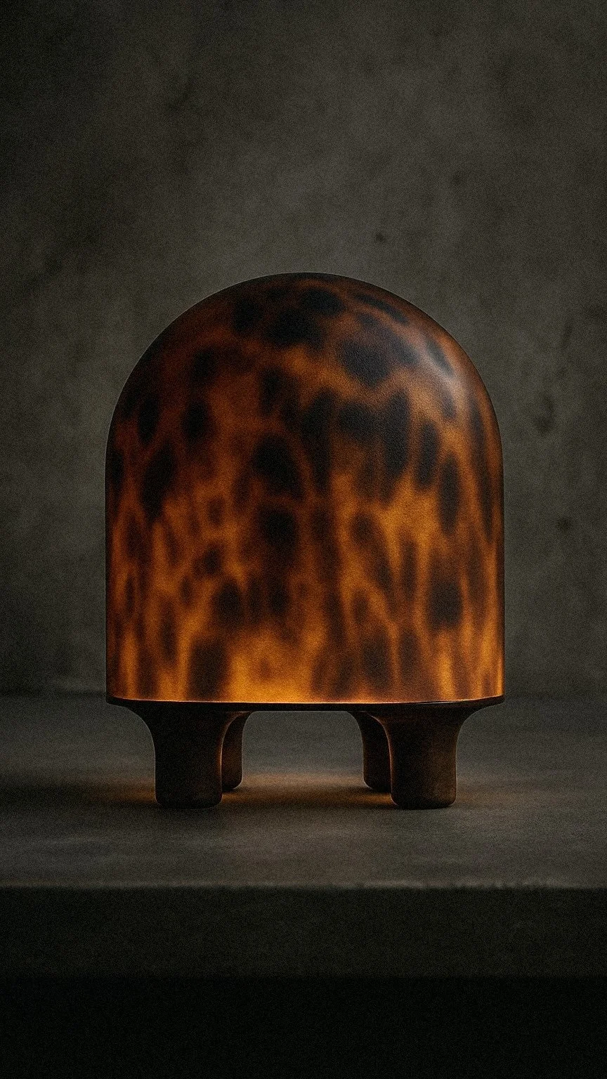 A decorative lamp with a tortoiseshell pattern glowing softly in a dark room.
