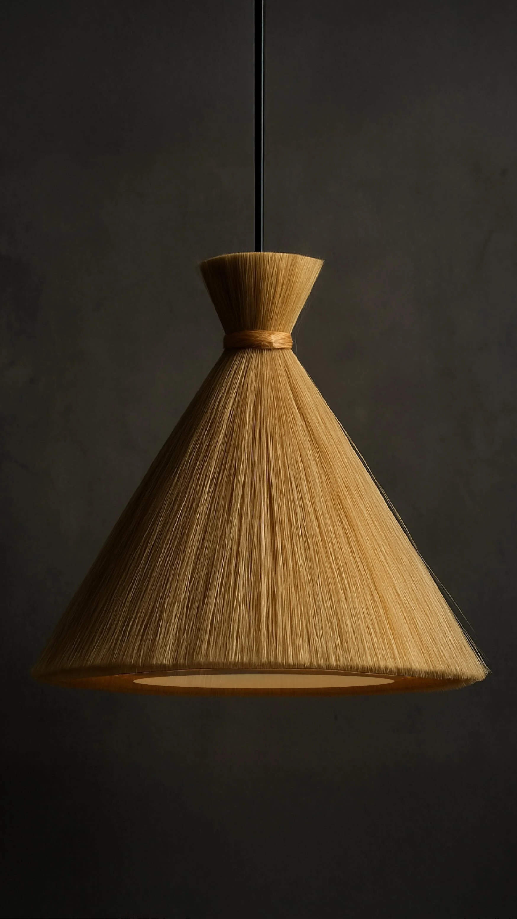 A pendant lampshade made of tan-colored straw or raffia, hanging from a black cord against a dark gray background.