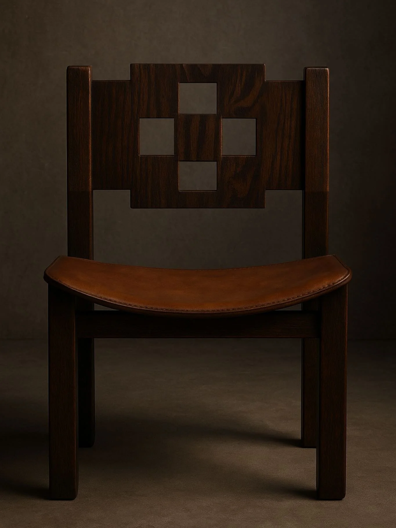 Dark wooden chair with a square cutout design on the backrest and a curved leather seat.