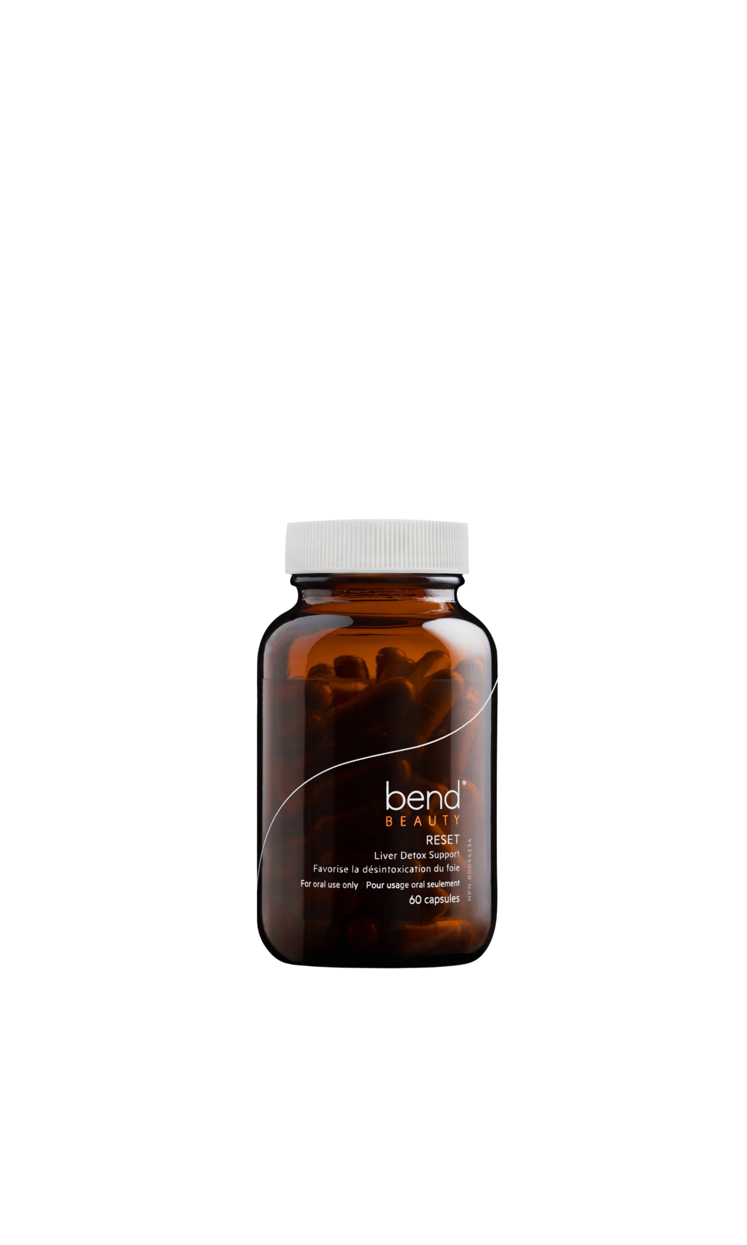 Brown glass bottle of Bend Beauty Liver Detox Reset beauty supplements for liver detox support, 60 capsules.