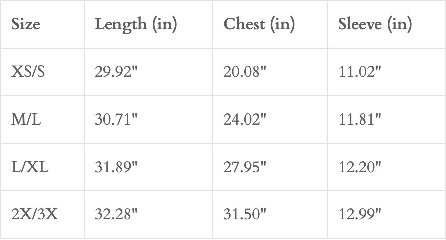 A size chart for the Boheme Goods The Tourist Tee from XS to 3X