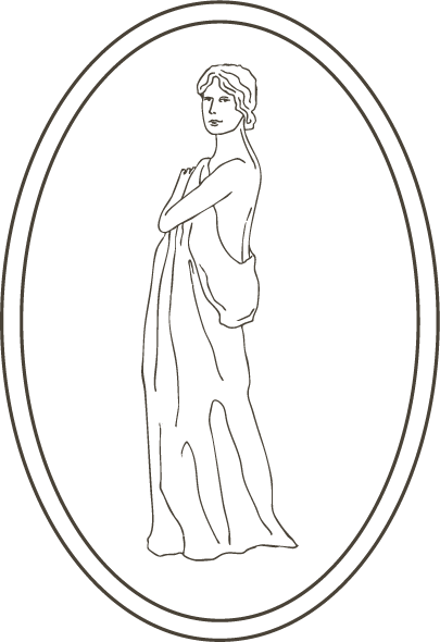 Oval-framed line art for Lacombe Spa showing a nude woman in profile, arms crossed, with cloth draped from her shoulder.