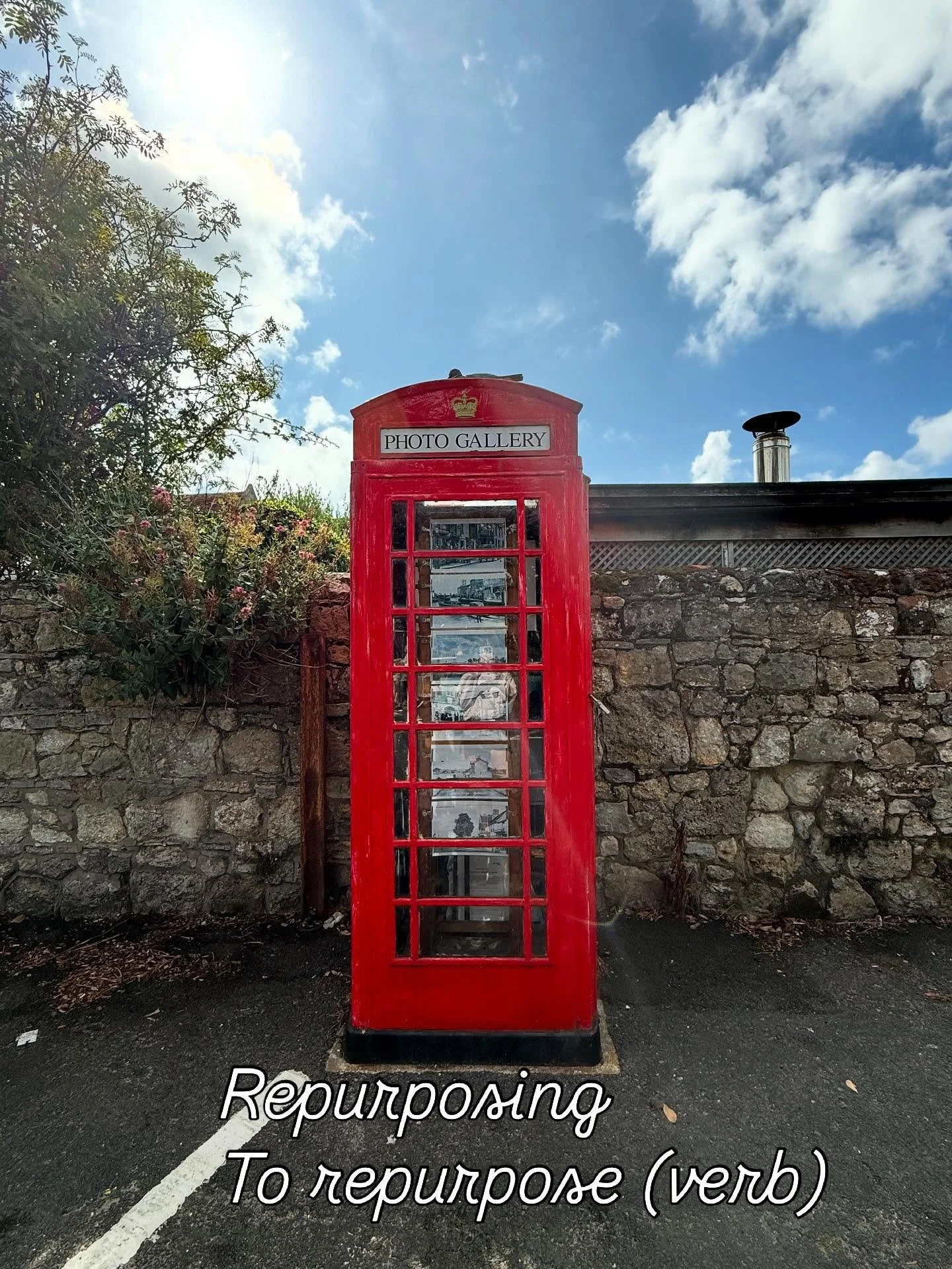 To repurpose (verb) 

Repurposing means to find another use for something.

Like this old telephone box has been &ldquo;repurposed&rdquo; as a little photo gallery on the Isle of Wight. 
Rather than removing all the old iconic phone boxes, you&rsquo;