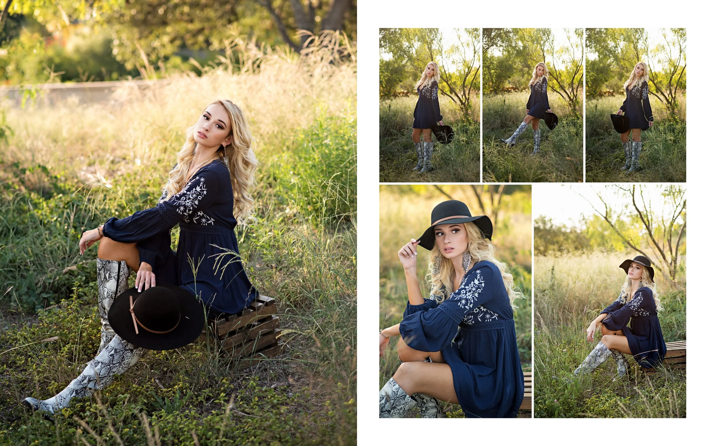 San Antonio senior portrait session at the Botanical Garden featuring a high school senior in a navy dress, snakeskin boots and black hat.