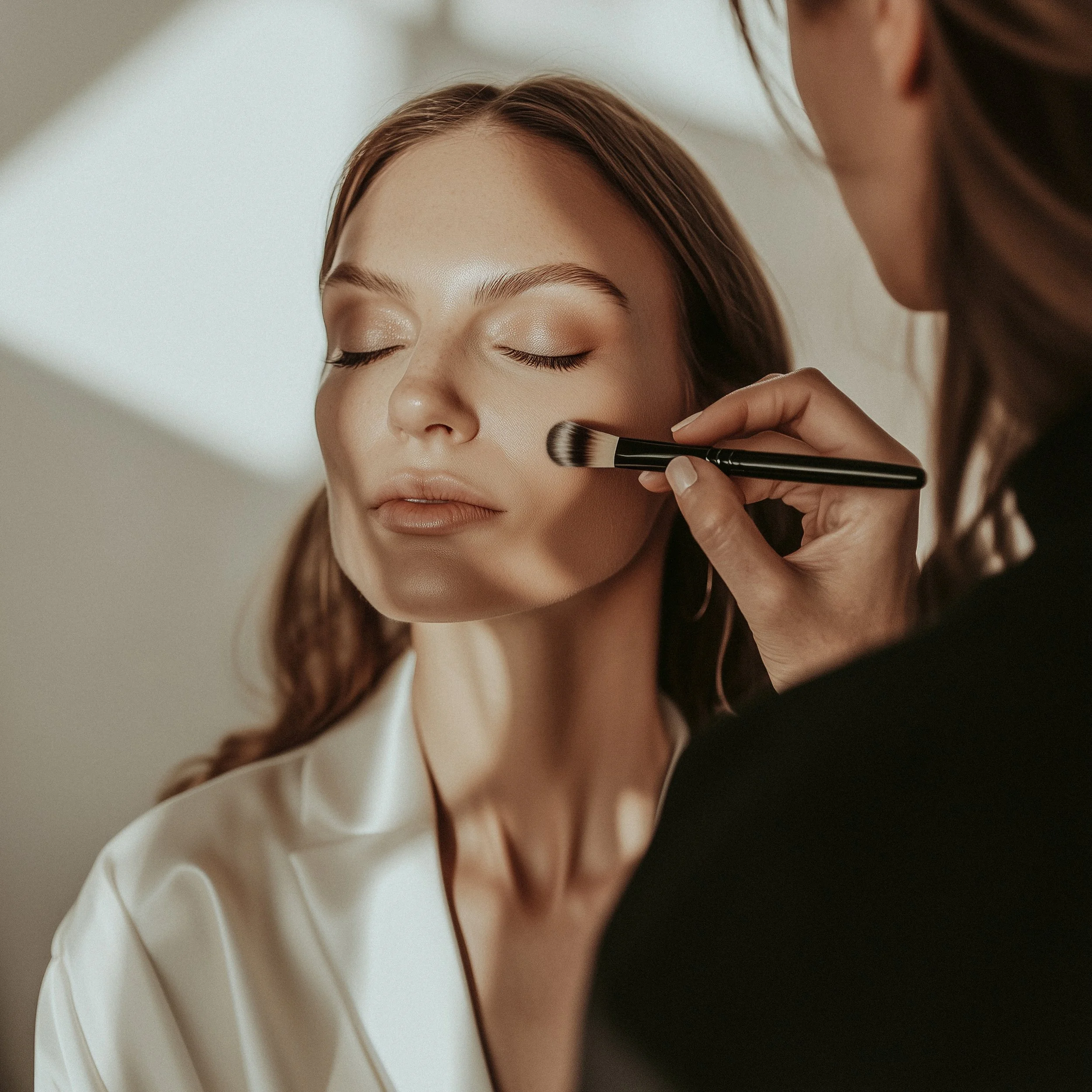Professional makeup artist applying foundation to a woman during a glam portrait session in a San Antonio photography studio