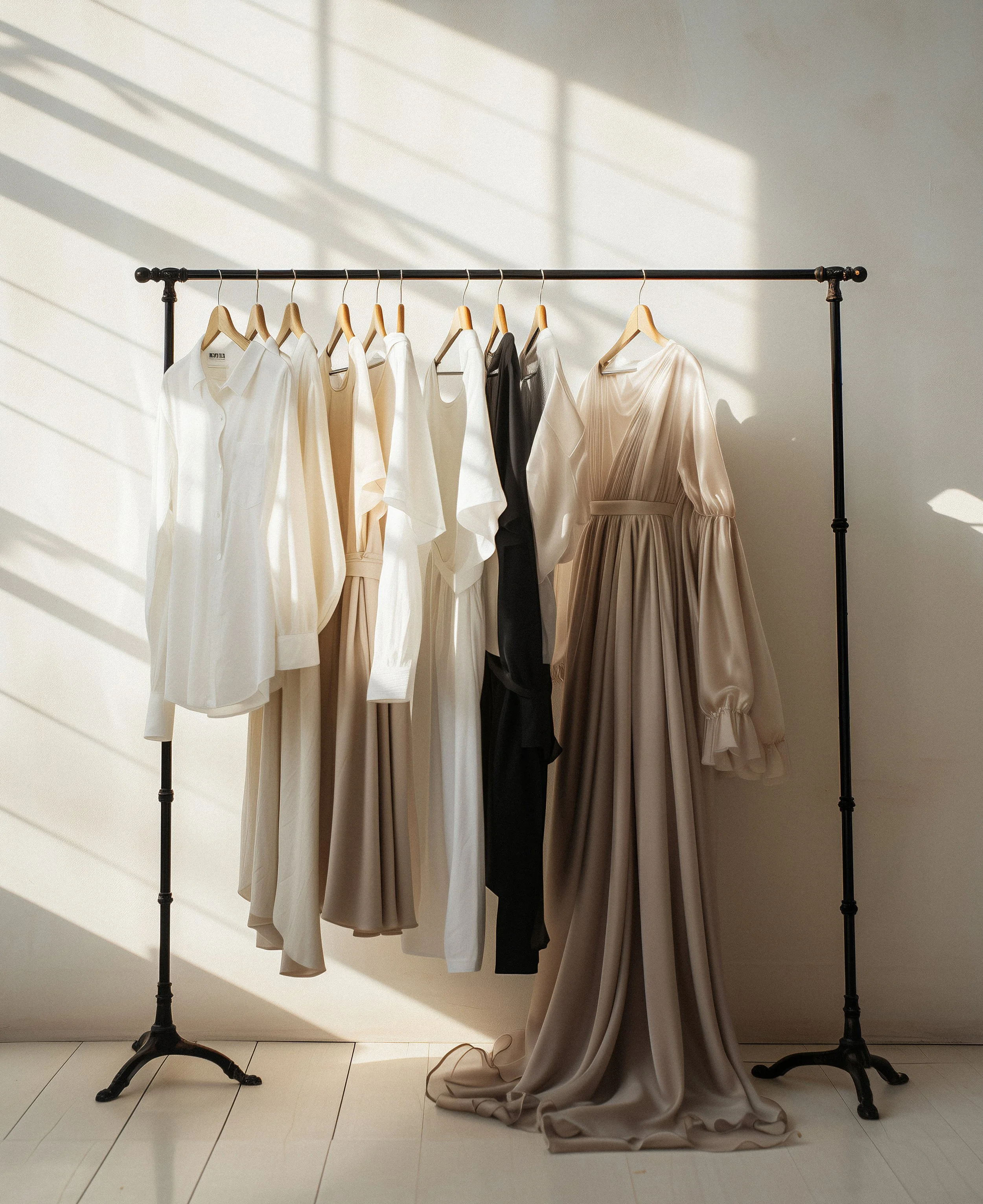 Wardrobe options for a glam portrait session including neutral dresses and outfits in a San Antonio photography studio.