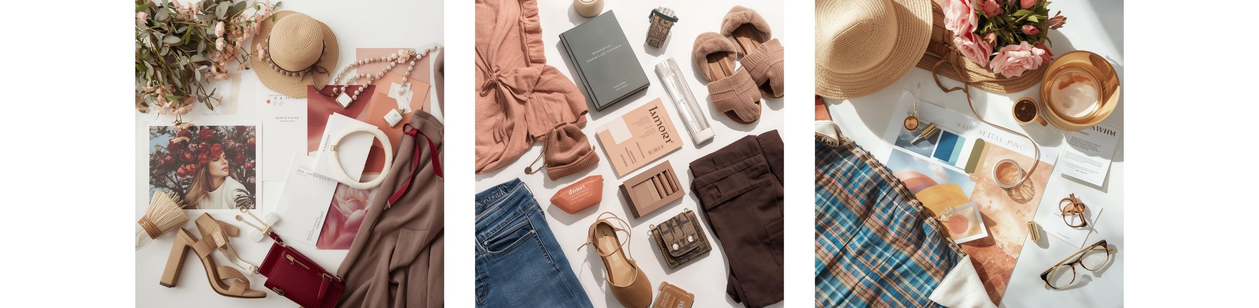 Branding session preparation flat lay with mood board and wardrobe, San Antonio photography studio.