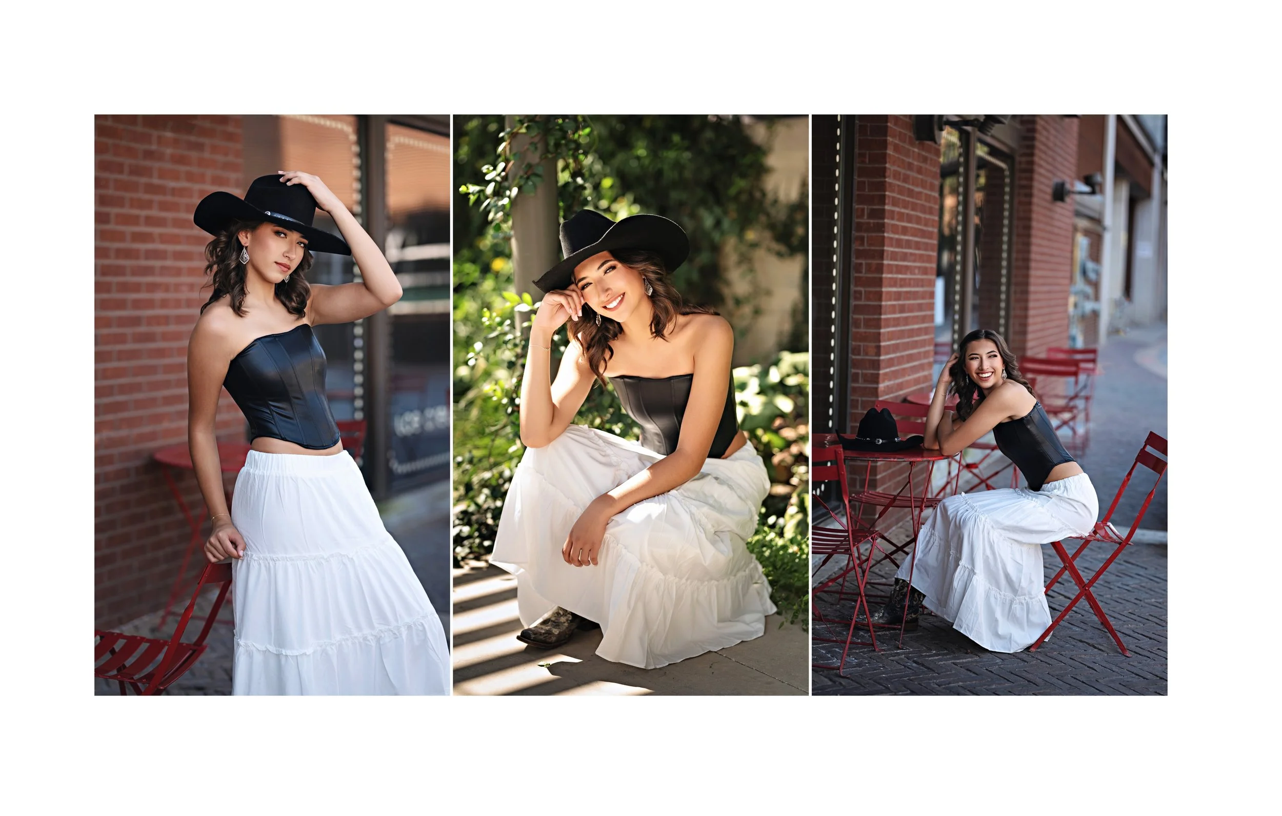 High school senior portraits at The Pearl in San Antonio featuring a senior in a black cowboy hat, black top and white skirt.