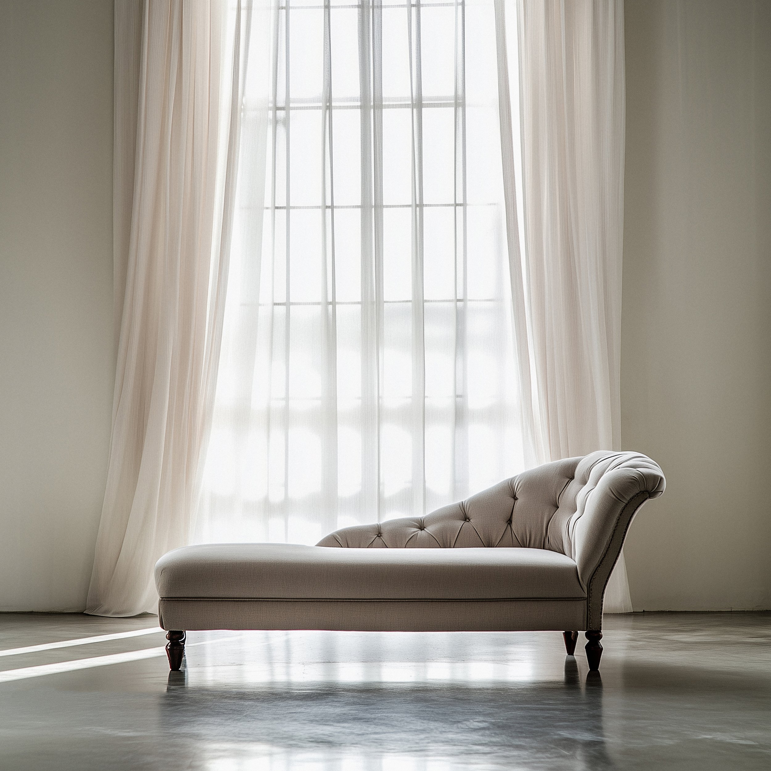 Elegant studio setting with soft natural light and a chaise lounge for a glam portrait experience in a San Antonio photography studio.