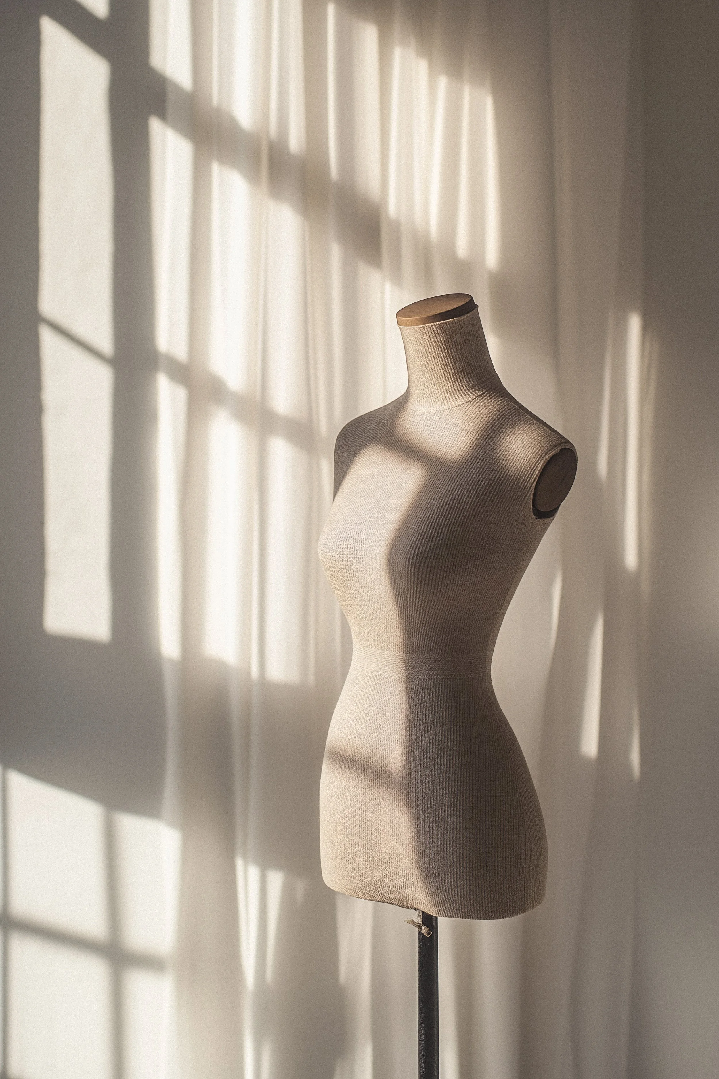 A mannequin in the portrait studio with sunlight streaming through a window.