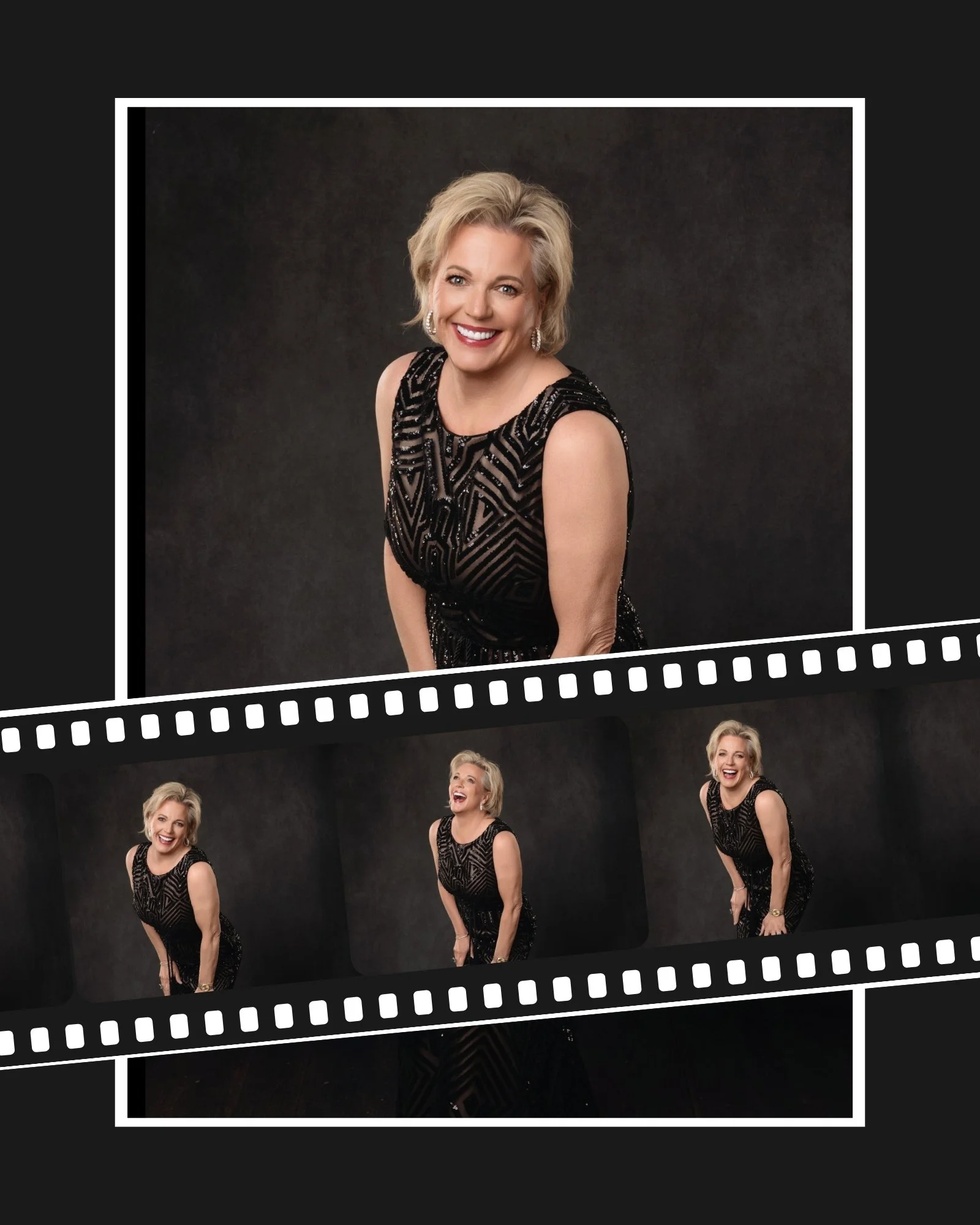 Filmstrip-style collage of a smiling woman in a black dress during a women’s portrait session in San Antonio.