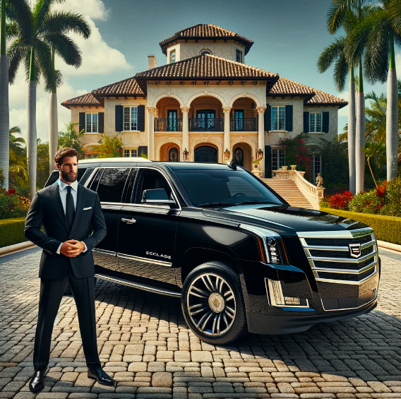 An image featuring a luxury black Cadillac Escalade SUV in front of a Palm Beach Island mansion with the chauffeur dressed in business casual attire.