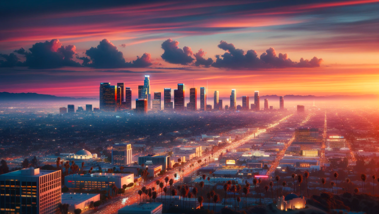 A realistic panoramic view of the Los Angeles skyline at sunset. The image should capture the sprawling cityscape with modern skyscrapers, the iconic Griffith Observatory, and the Hollywood Sign in the distance. The sky is a blend of orange & pink.