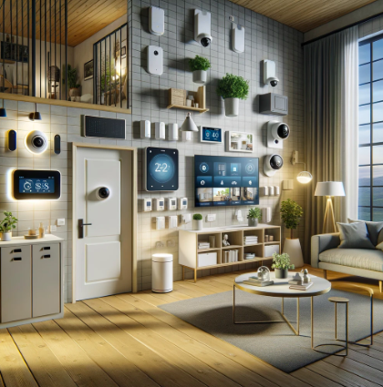 An image depicting a comprehensive home security system. The scene should show a modern home interior with various security devices: a central security control panel on the wall, displaying a user-friendly interface.